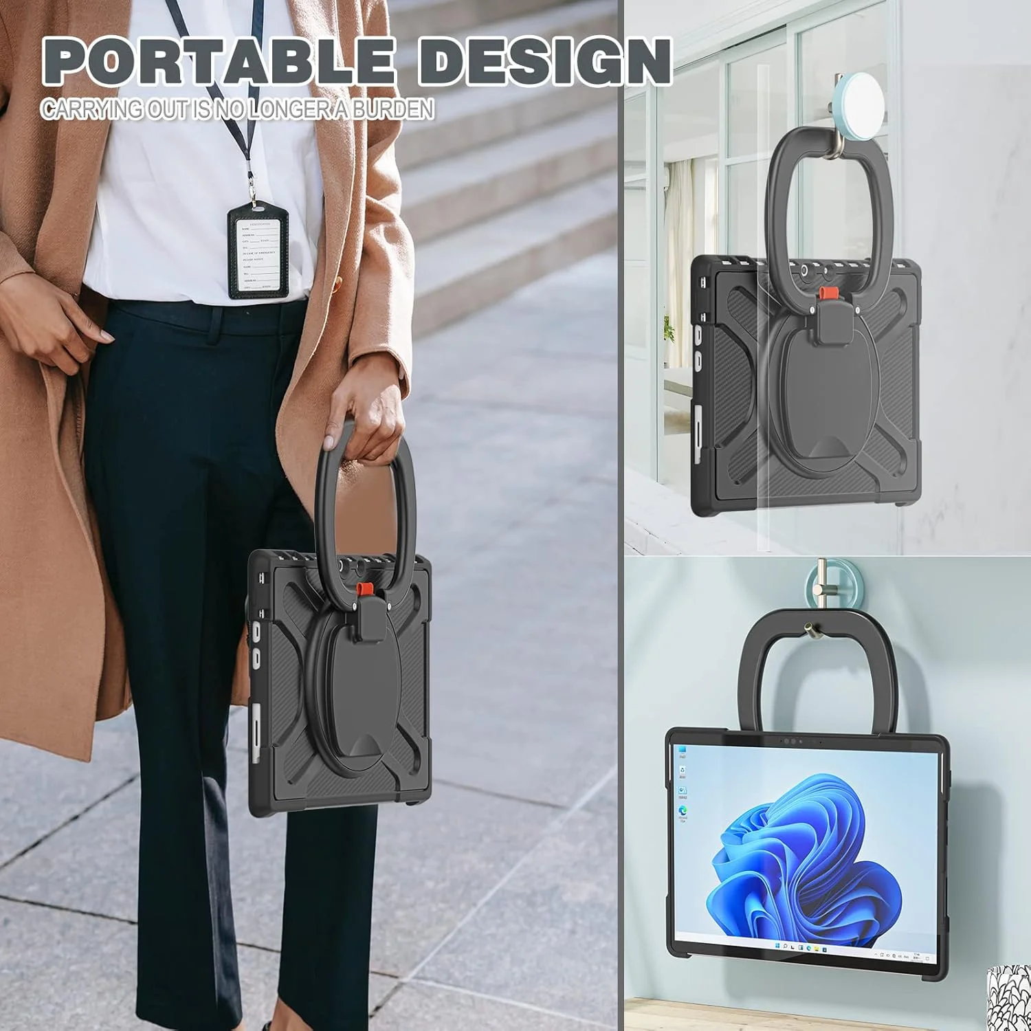 کیف محافظ ضد ضربه ZORSOME برای مایکروسافت Surface Pro 8 2021 13.0 اینچی، با دسته چرخان 360 درجه و پایه نگهدارنده، پوشش مقاوم و سنگین، [دارای پایه تاشو]، مشکی