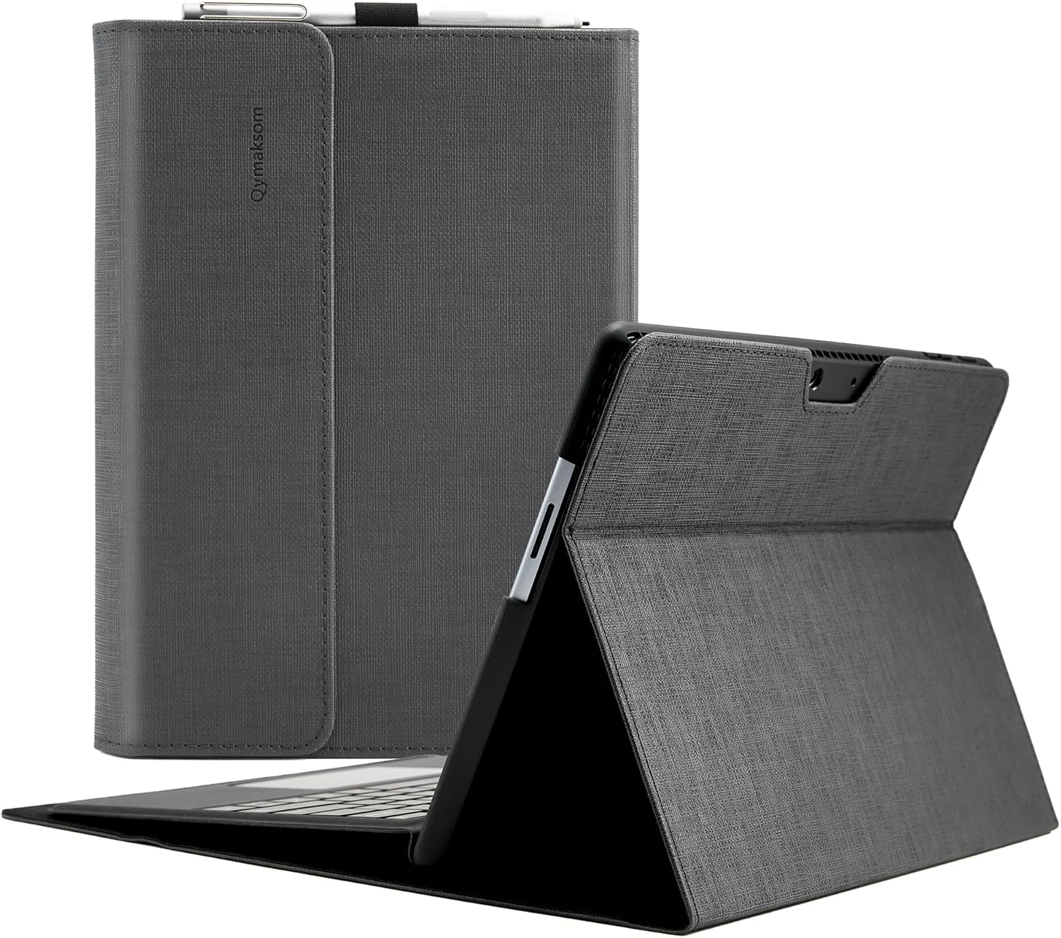کیف محافظ چرمی Qymaksom برای مایکروسافت Surface Pro 9 ۱۳ اینچی (۲۰۲۲) با قابلیت تنظیم چند زاویه، سازگار با کاور کیبورد و دارای جای قلم، خاکستری