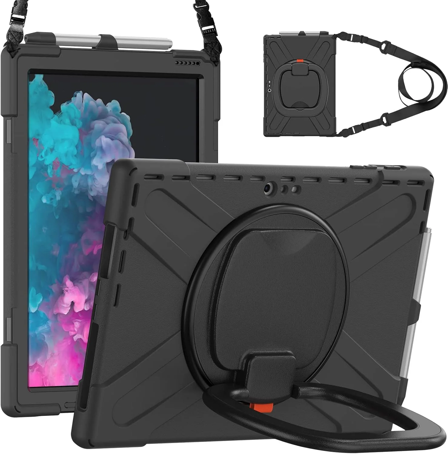 کاور محافظ ZXHYliang برای مایکروسافت Surface Pro 7 Plus/Pro 7 / Pro 6 / Pro 5 / Pro 4: ساختار 3 لایه، پوشش هیبریدی قابل حمل و ضد ضربه با نگهدارنده قلم و پایه چرخشی قلاب دار (مشکی)