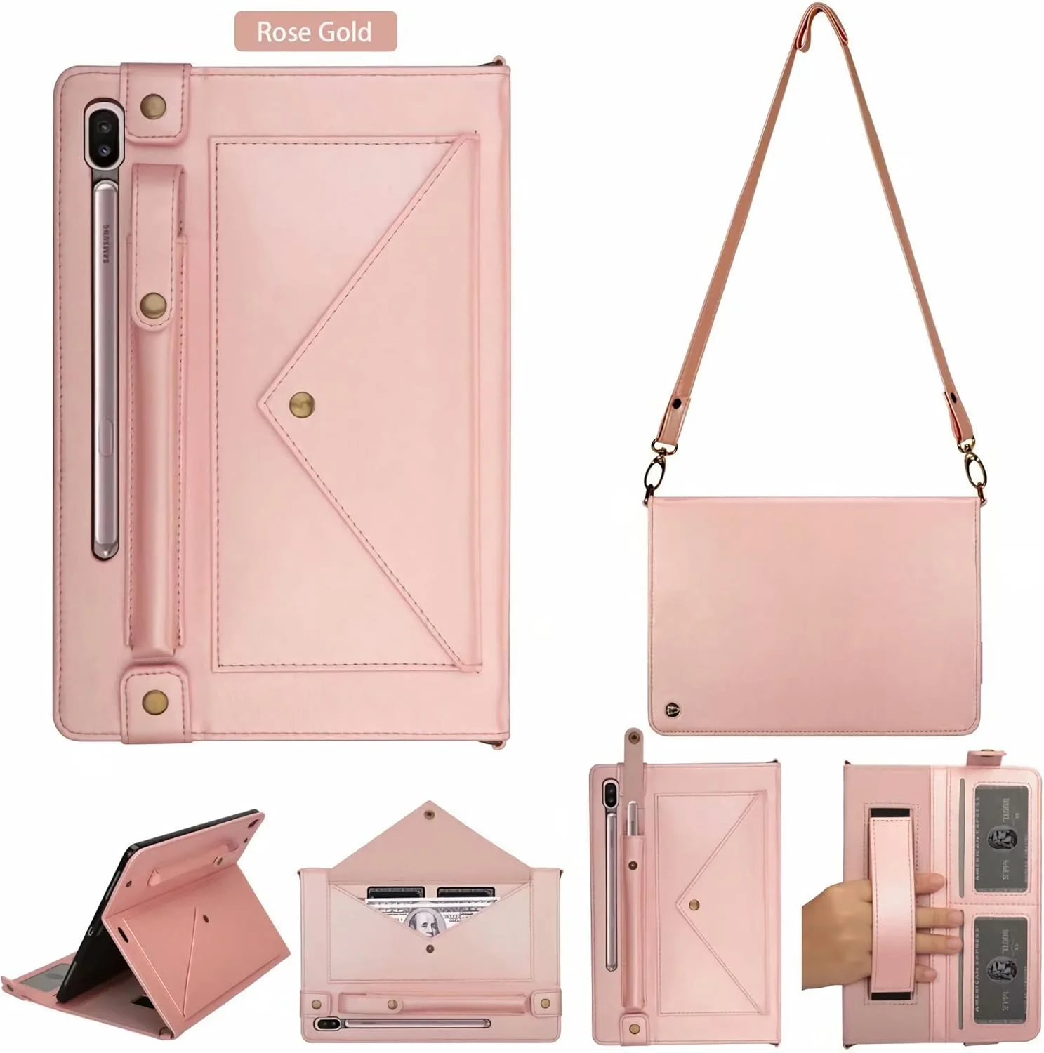 کیف ZTJ-Lighting مناسب برای مایکروسافت سرفیس پرو 7/6/5/4 (12.3 اینچ)، کاور چرمی PU هوشمند با قابلیت استند و جای مداد، کیف دستی بند شانه ای و جیب دار، طلایی رز