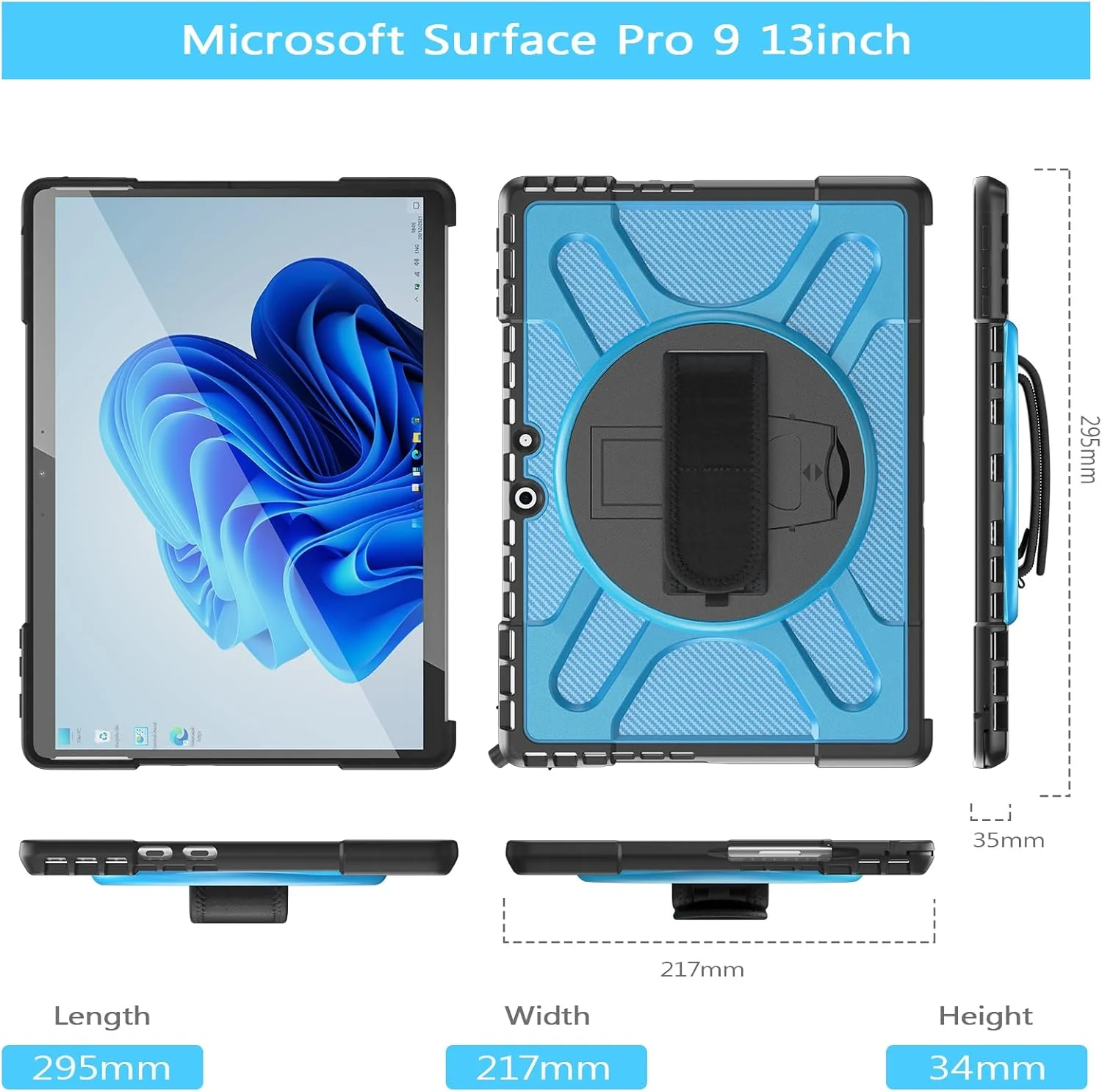 کاور محافظ ZXHYliang برای مایکروسافت Surface Pro 9 سیزده اینچی 2022: دارای پایه و بند دستی، مقاوم در برابر ضربه، سازگار با کیبورد Type Cover. (آبی)