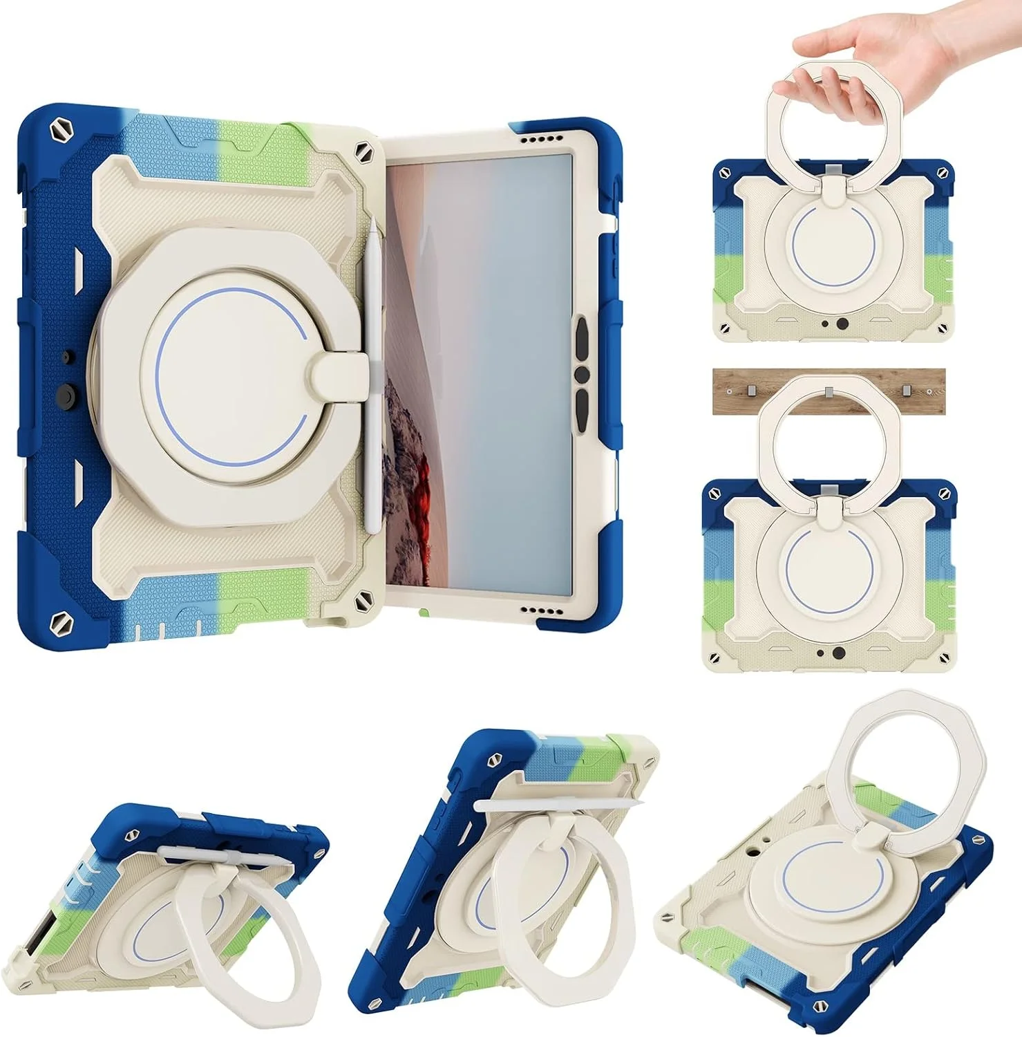 کیف محافظ کودکانه برای مایکروسافت Surface Go 1/2/3 (10 اینچ)، قاب با پایه چرخشی 360 درجه و دسته، سه لایه مقاوم در برابر شکستن، ضد ضربه، دارای بند شانه (آبی رنگین کمانی)