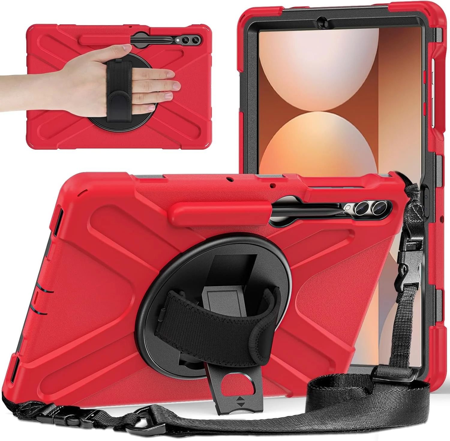 کیف محافظ مقاوم HUOLUNGJIN سازگار با تبلت سامسونگ گلکسی تب S10+ پلاس/ S9 FE+ پلاس 12.4 اینچی (SM-X826/X610) - کیف سیلیکونی با جای قلم S-Pen - استند - دسته - بند شانه (قرمز)