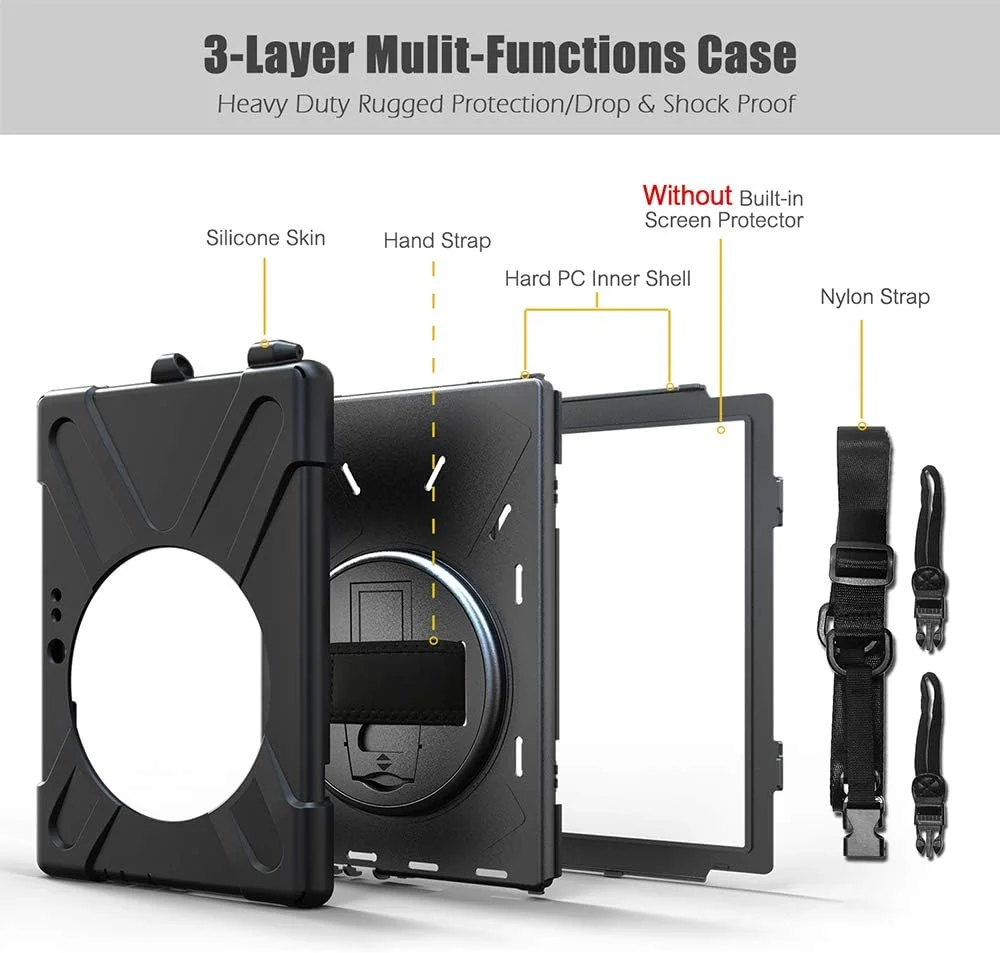 کیف زنریچ Surface مناسب برای Pro 7 (2019) / Pro 6 (2018) / Pro 5 (2017) / Pro 4 (2015) با نگهدارنده قلم، استند، بند دستی و کمربند شانه ای برای تبلت 12.3 اینچی Surface، مقاوم در برابر ضربه - مشکی
