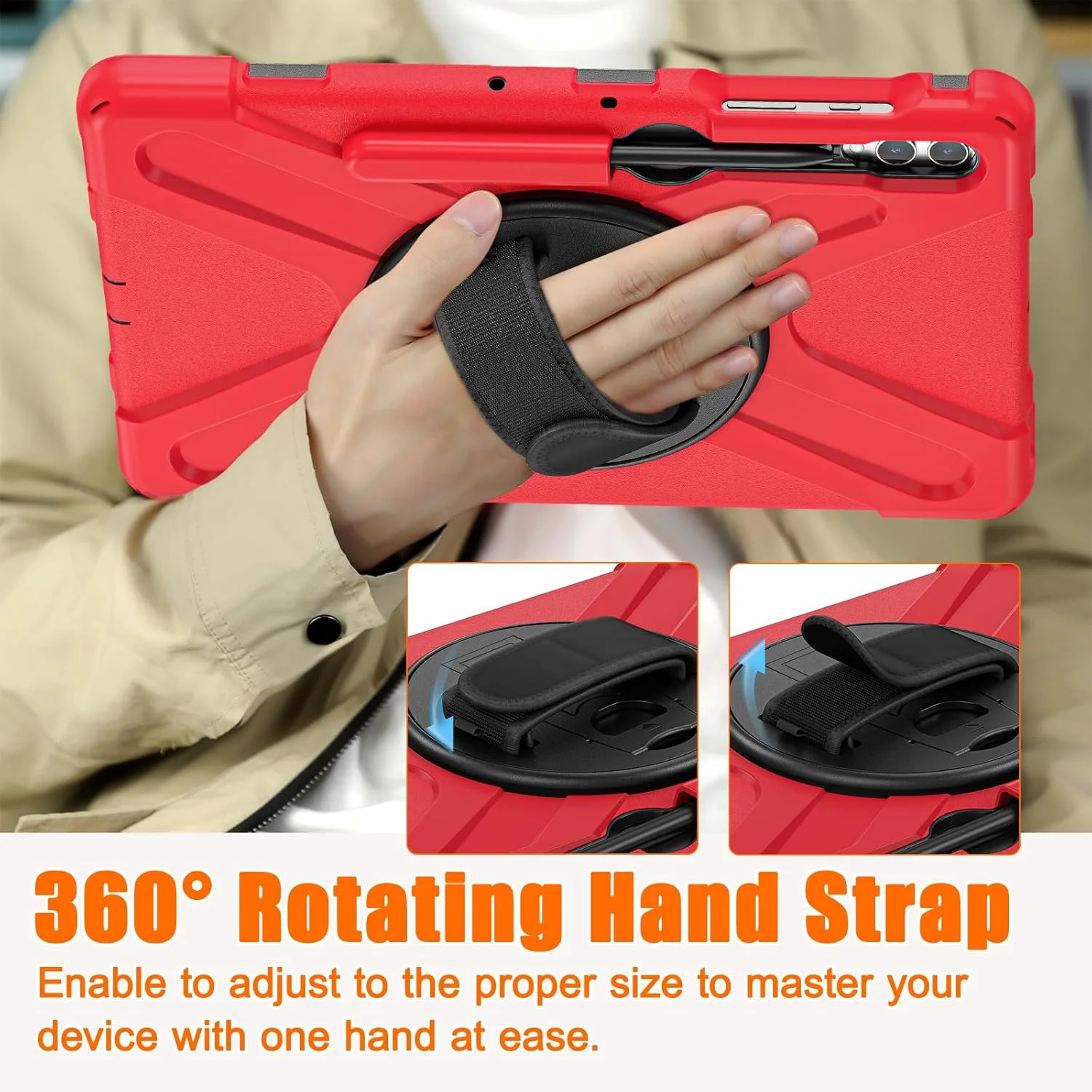کیف محافظ مقاوم HUOLUNGJIN سازگار با تبلت سامسونگ گلکسی تب S10+ پلاس/ S9 FE+ پلاس 12.4 اینچی (SM-X826/X610) - کیف سیلیکونی با جای قلم S-Pen - استند - دسته - بند شانه (قرمز)