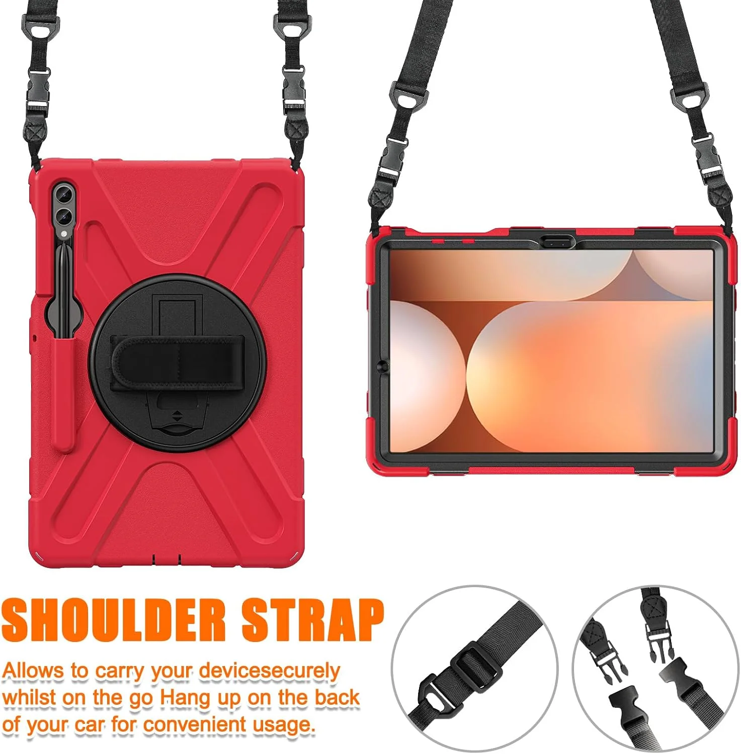 کیف محافظ مقاوم HUOLUNGJIN سازگار با تبلت سامسونگ گلکسی تب S10+ پلاس/ S9 FE+ پلاس 12.4 اینچی (SM-X826/X610) - کیف سیلیکونی با جای قلم S-Pen - استند - دسته - بند شانه (قرمز)