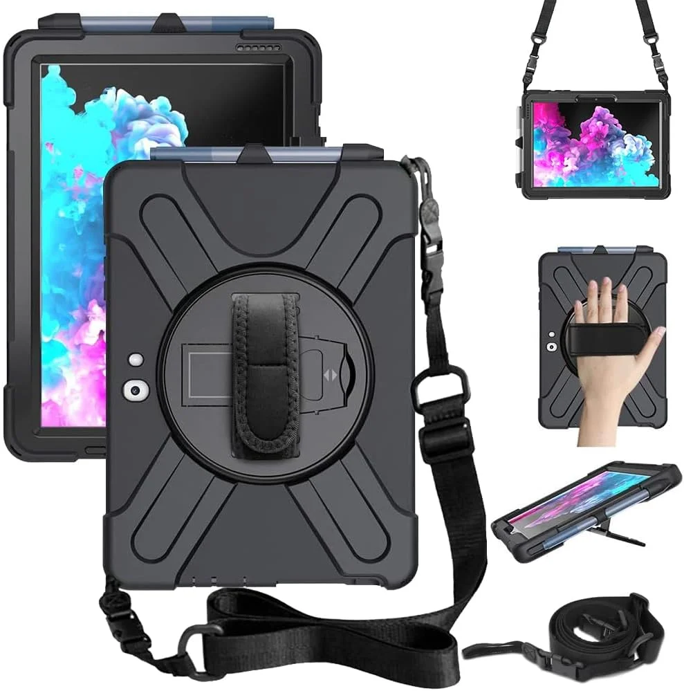 Microsoft Surface Go 2 / Surface Go Case with Hande Hand Strap Stand Pen Holder Shoulder Strap, Heavy Duty Rugged Silicone Shockproof Case for Surface Go 2 10.5 Inch 2020/Surface Go 10 Inch 2018 Black