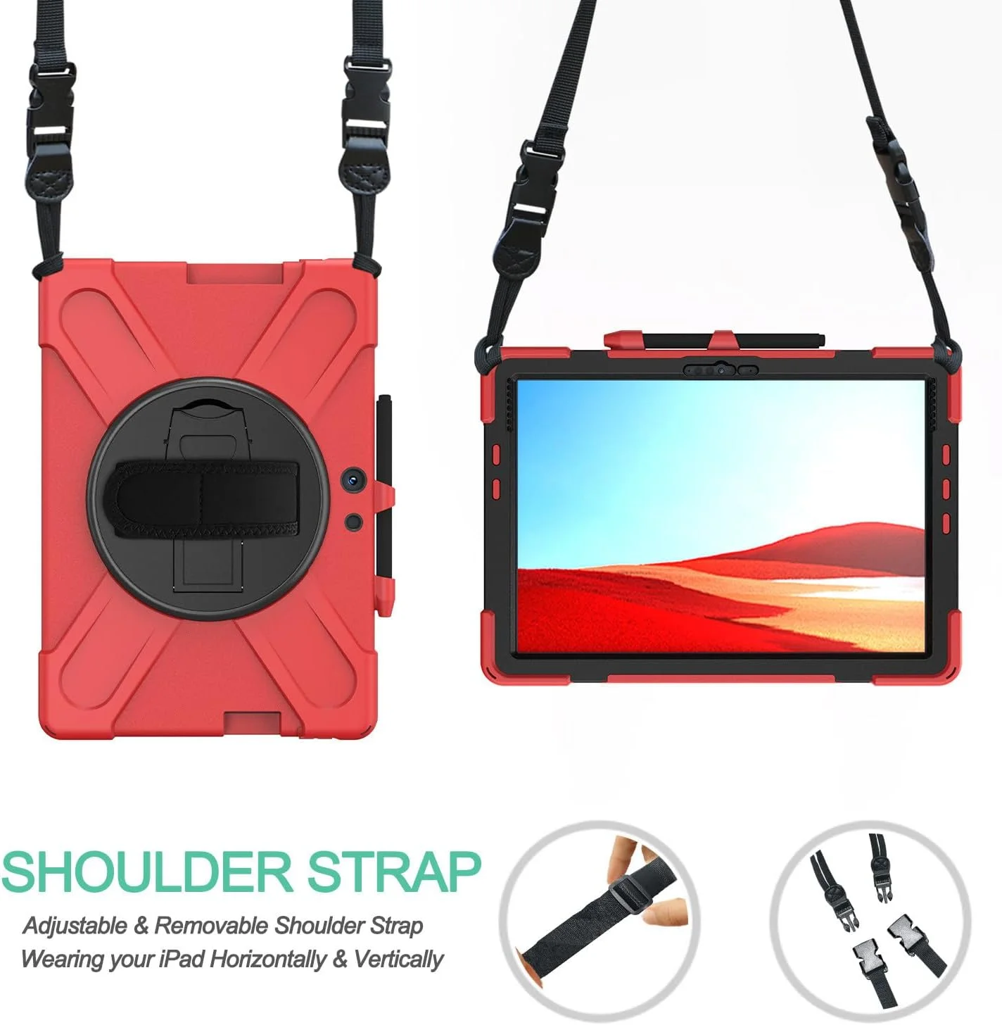 کیف محافظ SLLMYYX برای مایکروسافت Surface Pro X ۱۳ اینچی مدلهای ۲۰۲۱/۲۰۲۰/۲۰۱۹، با پایه چرخان ۳۶۰ درجه، ضد ضربه و مقاوم به همراه بند شانه، قرمز کیف محافظ SLLMYYX برای مایکروسافت Surface Pro X ۱۳ اینچی مدلهای ۲۰۲۱/۲۰۲۰/۲۰۱۹، با پایه چرخان ۳۶۰ درجه، ضد ضربه و مقاوم به همراه بند شانه، قرمز