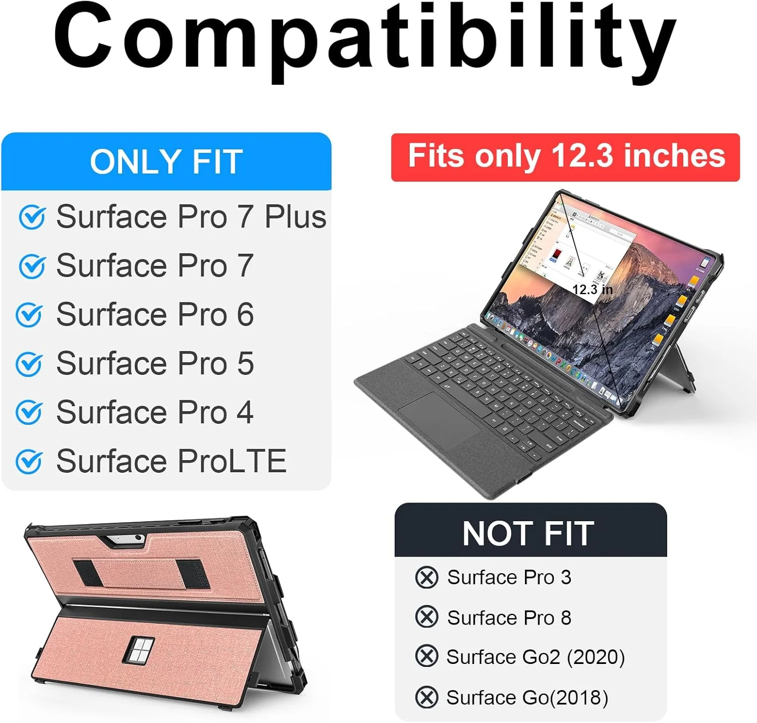 کیف محافظ مقاوم برای تبلت 12.3 اینچی Microsoft Surface Pro 7+/7/6/5/4، دارای نگهدارنده قلم Surface و بند دستی، سازگار با کیبورد Surface Pro Type Cover (صورتی)