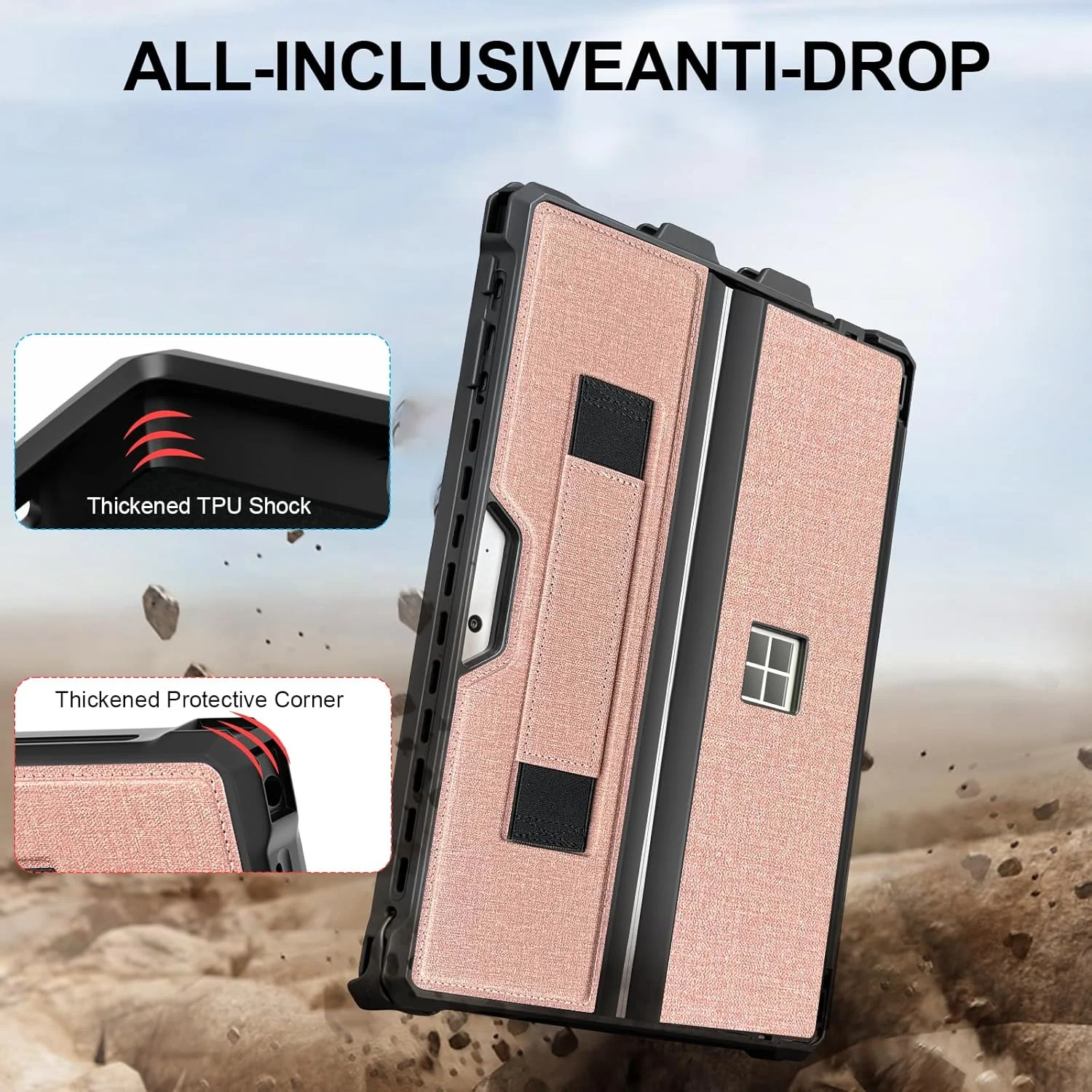 کیف محافظ مقاوم برای تبلت 12.3 اینچی Microsoft Surface Pro 7+/7/6/5/4، دارای نگهدارنده قلم Surface و بند دستی، سازگار با کیبورد Surface Pro Type Cover (صورتی)