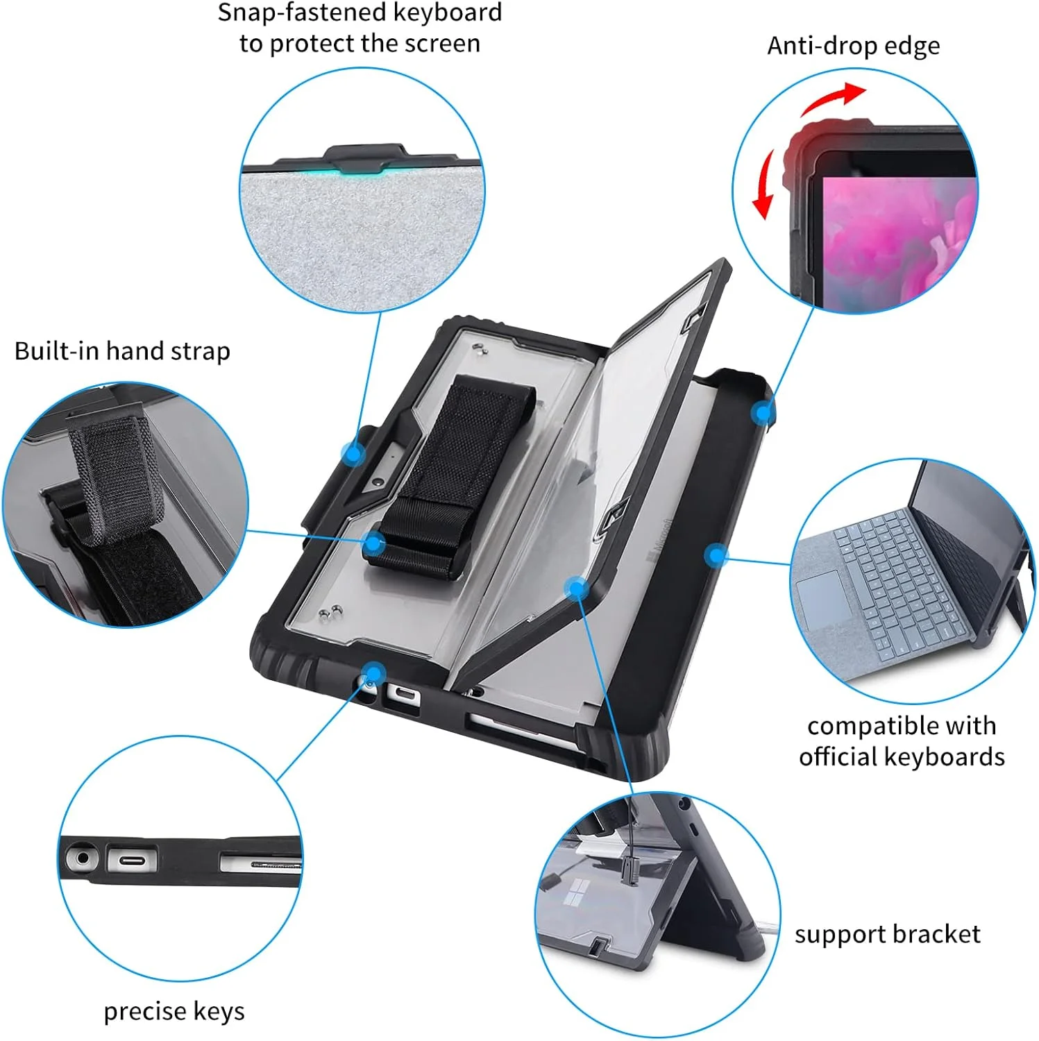 کیف محافظ AOAO برای مایکروسافت Surface Go 1/2/3 به همراه بند شانه، بند دستی، نگهدارنده قلم استایلوس، مقاوم، ضد ضربه و ضد سقوط