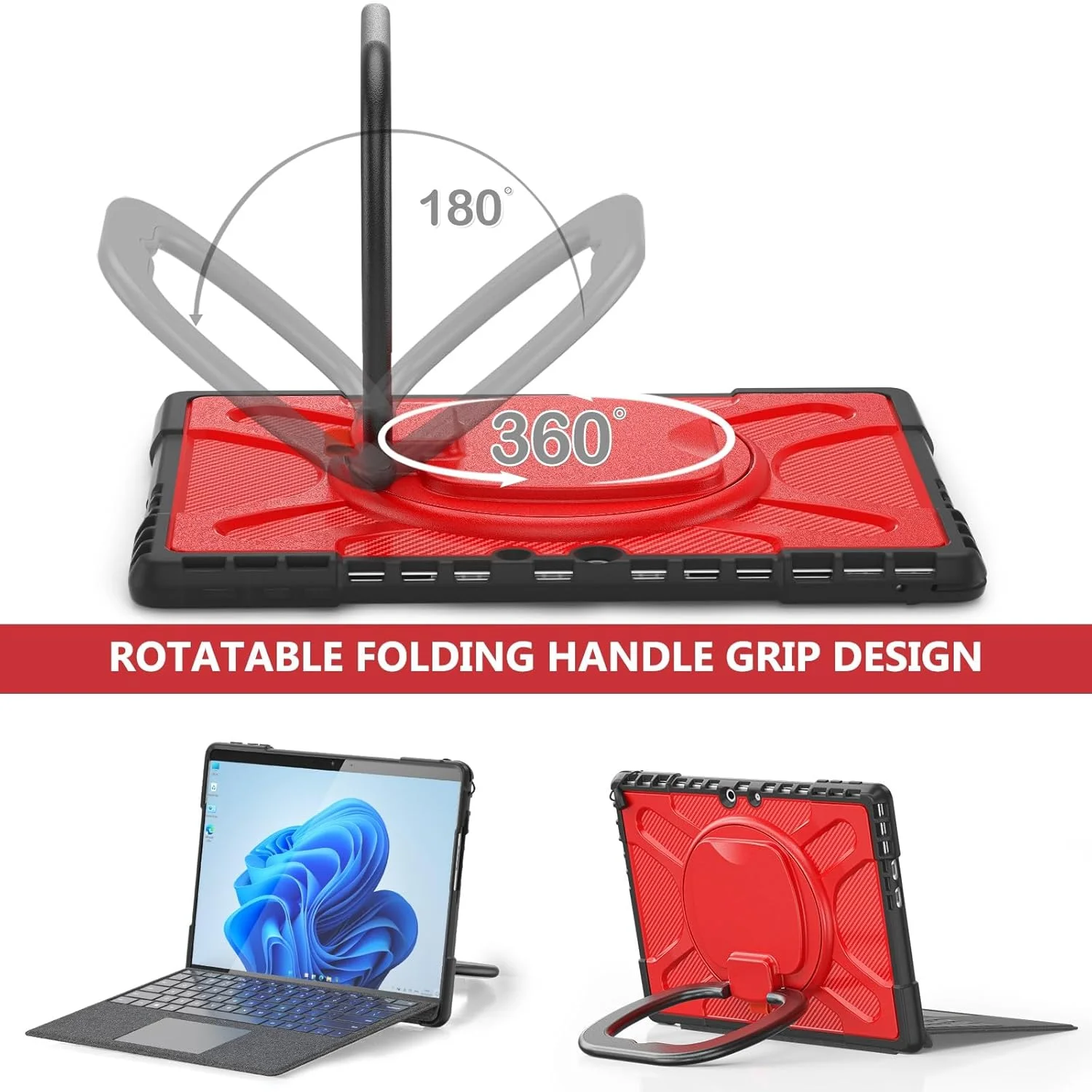 کیف محافظتی سنگین و ضد ضربه سازگار با Microsoft Surface Pro 9/10/11 13 اینچی (2022/2024) - روکش محافظتی مقاوم با پایه، دسته و محافظ ضربه گیر (Vermelho)