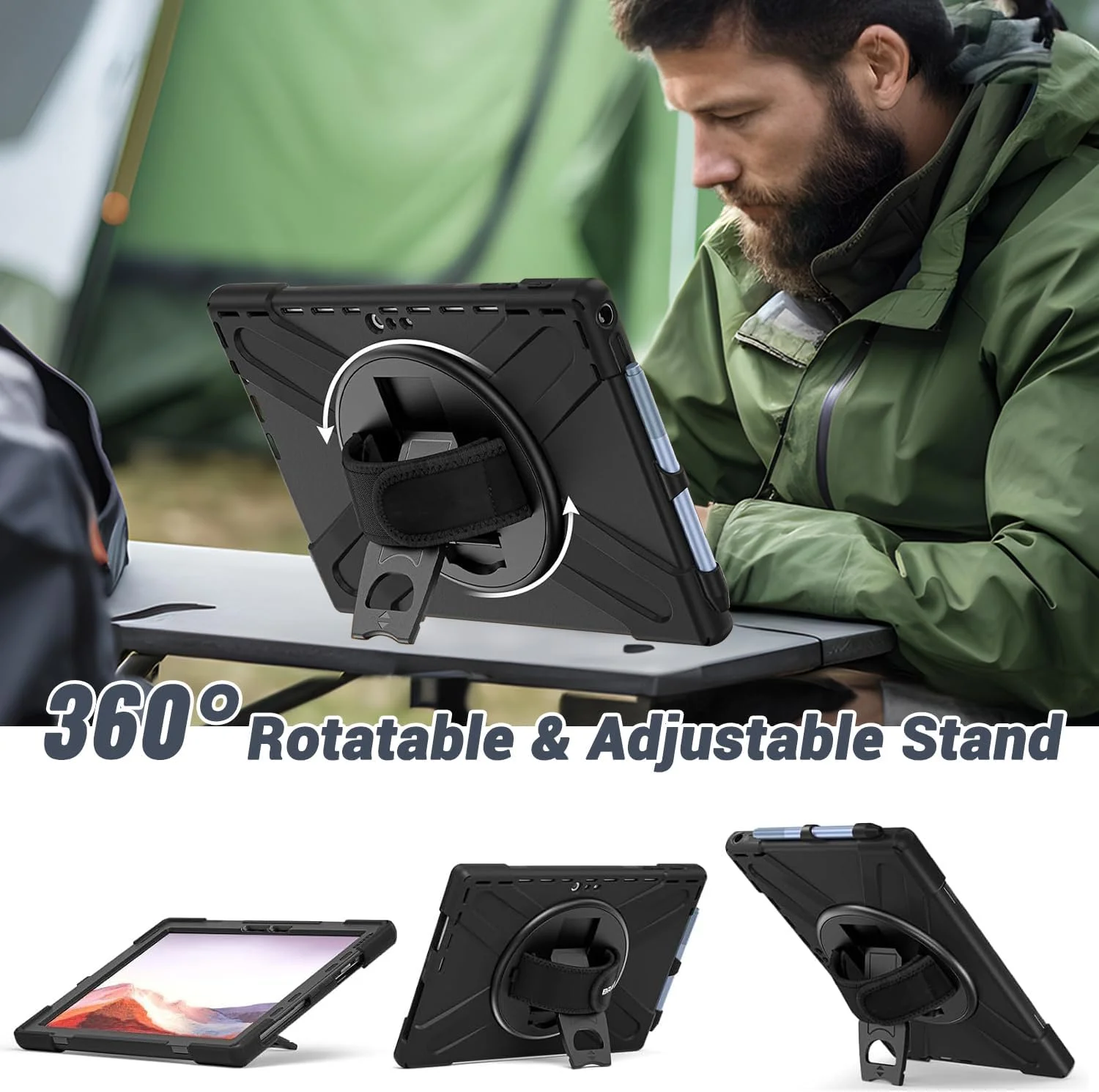 کاور محافظتی مقاوم مایکروسافت سرفیس پرو 7 / پرو 6 / پرو 5 / پرو 2017 / پرو 4 / پرو LTE، همراه با جای قلم، بند دستی، پایه چرخان و بند شانه، کاور سیلیکونی ضد ضربه مشکی