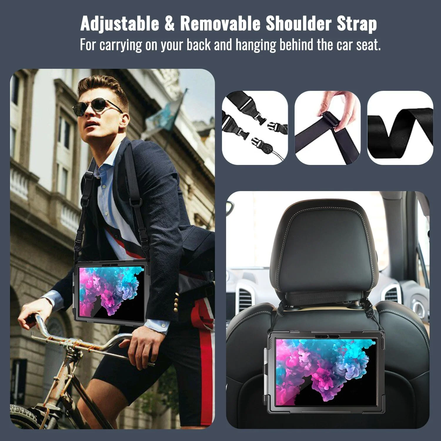 کاور محافظتی مقاوم مایکروسافت سرفیس پرو 7 / پرو 6 / پرو 5 / پرو 2017 / پرو 4 / پرو LTE، همراه با جای قلم، بند دستی، پایه چرخان و بند شانه، کاور سیلیکونی ضد ضربه مشکی