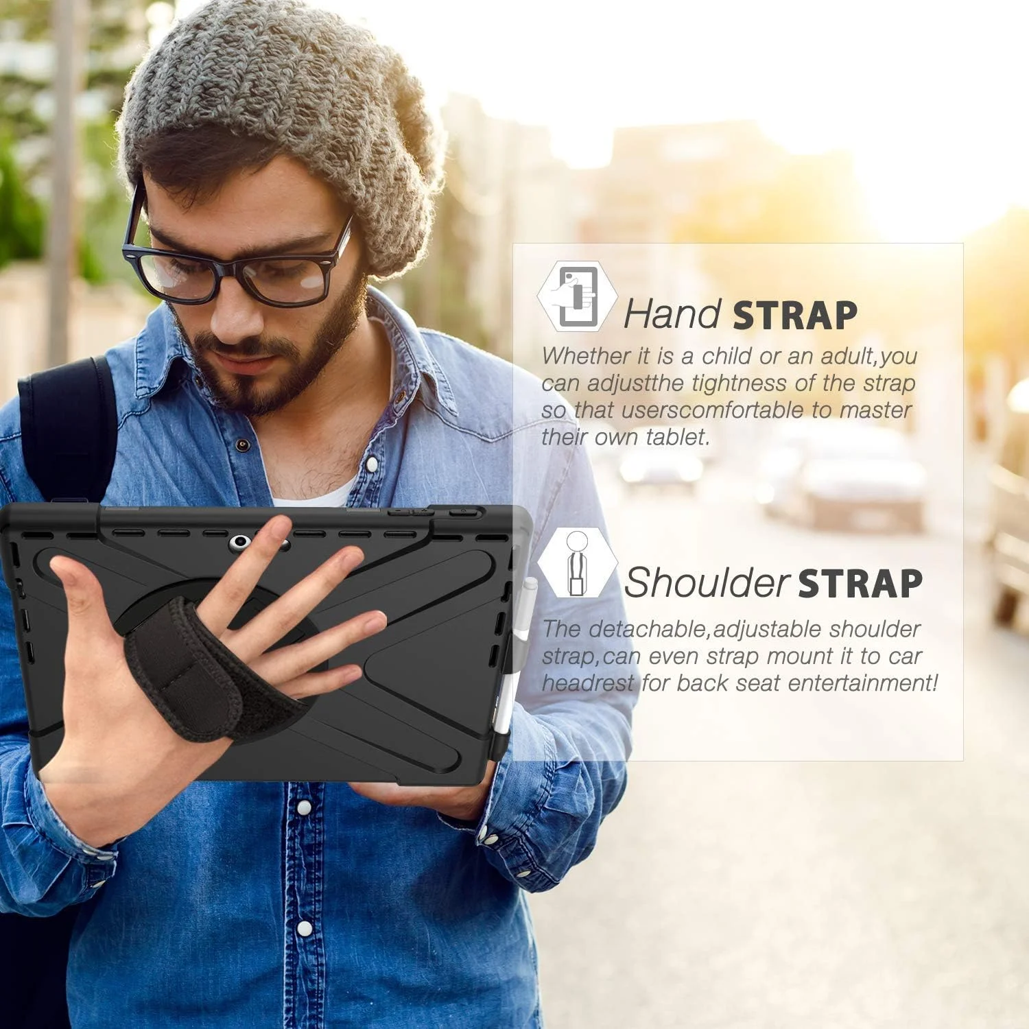 کاور محافظتی مقاوم مایکروسافت سرفیس پرو 7 / پرو 6 / پرو 5 / پرو 2017 / پرو 4 / پرو LTE، همراه با جای قلم، بند دستی، پایه چرخان و بند شانه، کاور سیلیکونی ضد ضربه مشکی