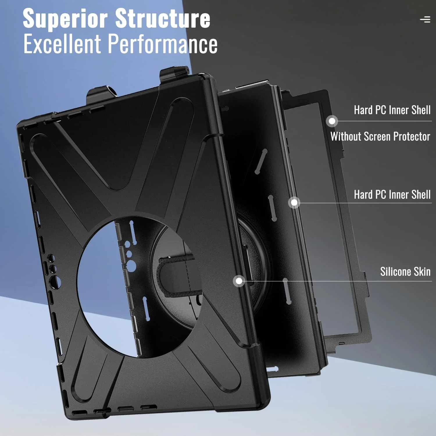 کاور محافظتی مقاوم مایکروسافت سرفیس پرو 7 / پرو 6 / پرو 5 / پرو 2017 / پرو 4 / پرو LTE، همراه با جای قلم، بند دستی، پایه چرخان و بند شانه، کاور سیلیکونی ضد ضربه مشکی