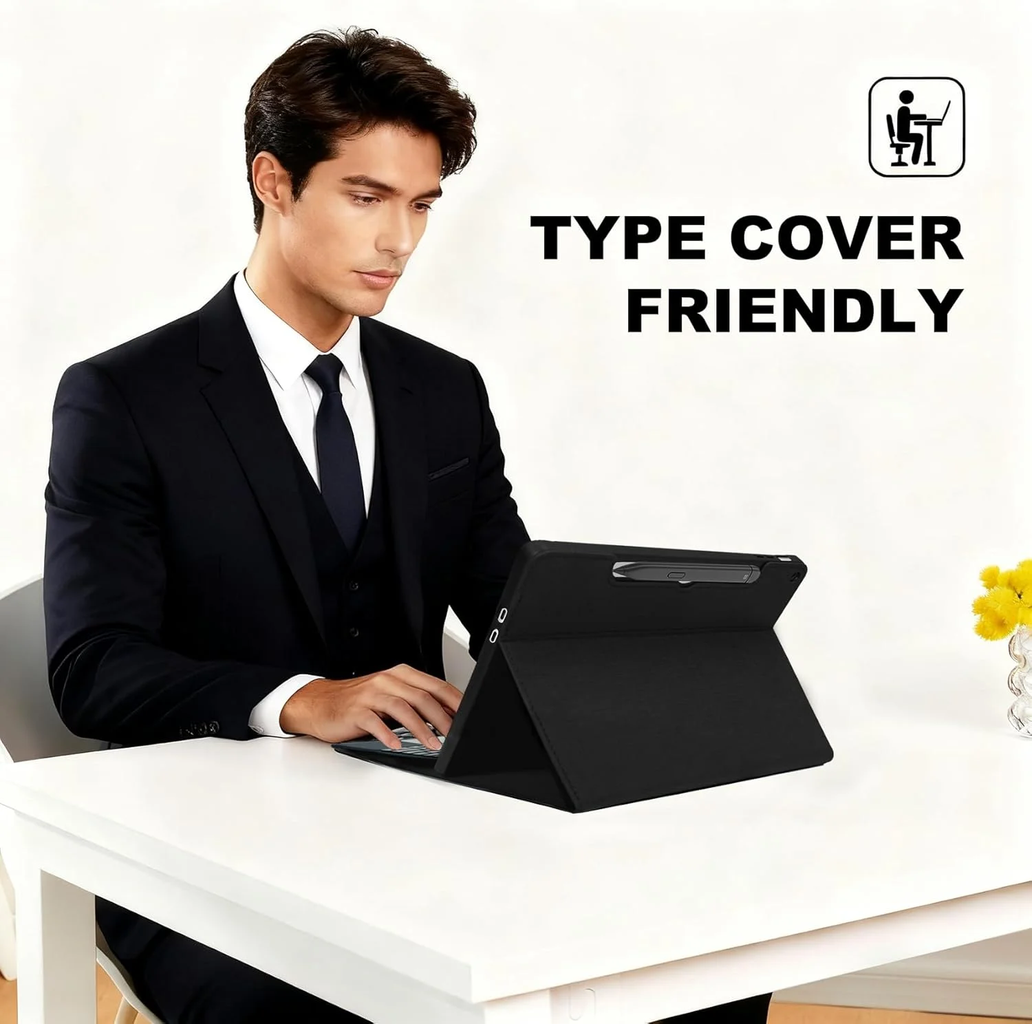 کیف محافظ چرمی Qymaksom برای Microsoft Surface Pro 12 (2025) با قابلیت چند زاویه، سازگار با کاور کیبورد و دارای جای قلم، مشکی