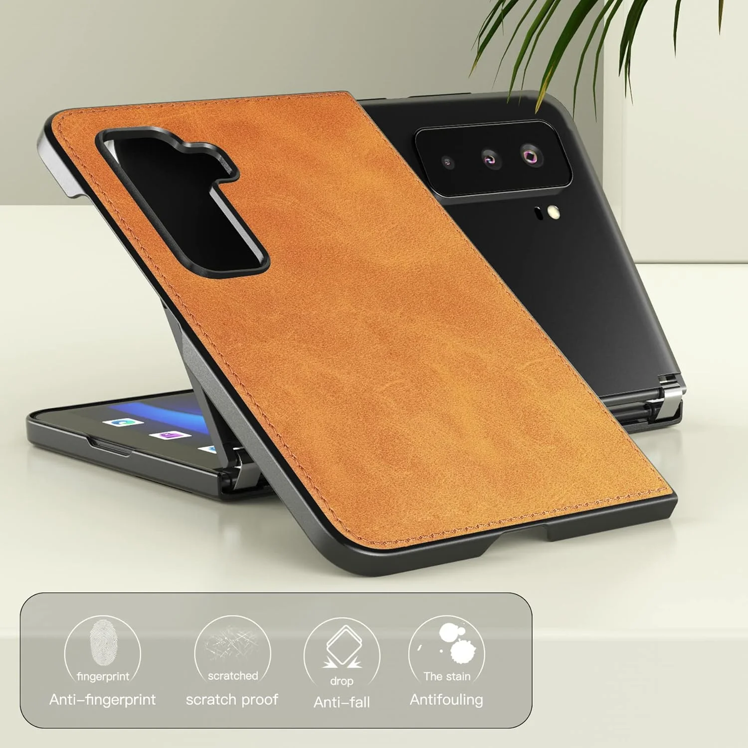 کاور چرمی Foluu برای Microsoft Surface Duo 2، کاور چرمی Surface Duo 2 به همراه بند دستی، [باریک و سبک] کاور پشتی چرمی PU، هولدر PC سخت محافظ تلفن برای Microsoft Surface Duo 2 (زرد)