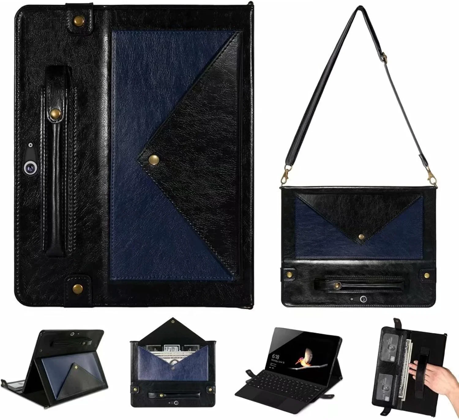 کیف تبلت چرمی مدل پاکتی گوشی QIHANG SHIHUI مناسب برای Microsoft Surface Pro 8 (رنگ: مشکی آبی)