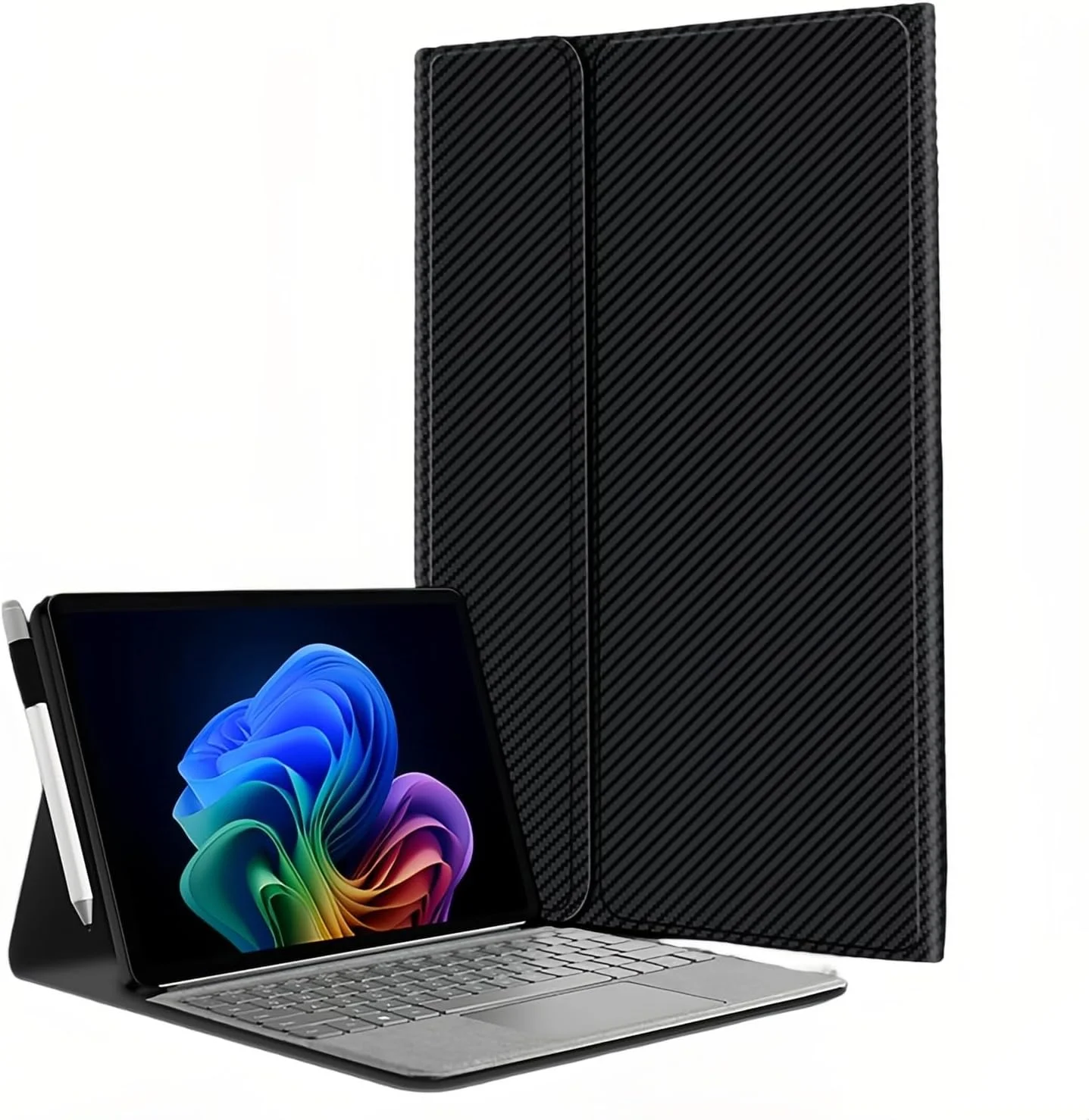 کیف چرمی طرح فیبر کربنی Gruattreay سازگار با مایکروسافت Surface Pro 12 اینچ 2025، محافظ سبک وزن، چند زاویه، دارای نگهدارنده قلم، سازگار با صفحه کلید Type Cover