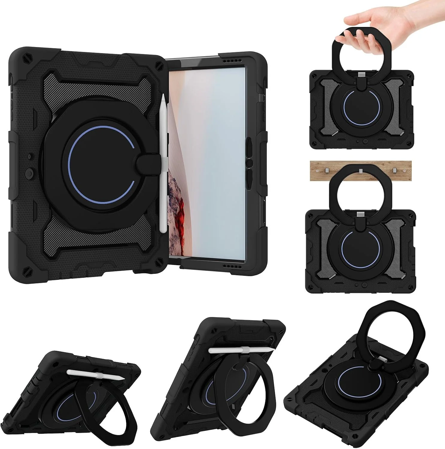 کیف محافظ ضد ضربه 360 درجه چرخان SLLMYYX مدل 3in1 مناسب برای مایکروسافت Surface Go 3 2021 / Surface Go 2 2020 10.5 اینچ به همراه بند شانه و دسته، مشکی