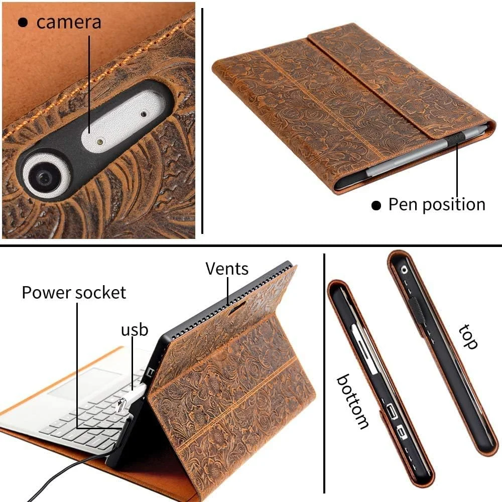 Gexmil Microsoft Surface Pro X Case 2020/2019 13-inch Surface Pro X Genuine Leather Cover Tablet,Fits Keyboard and Kickstand,Premium with Multiple Angle Viewing,Pattern-Brown
