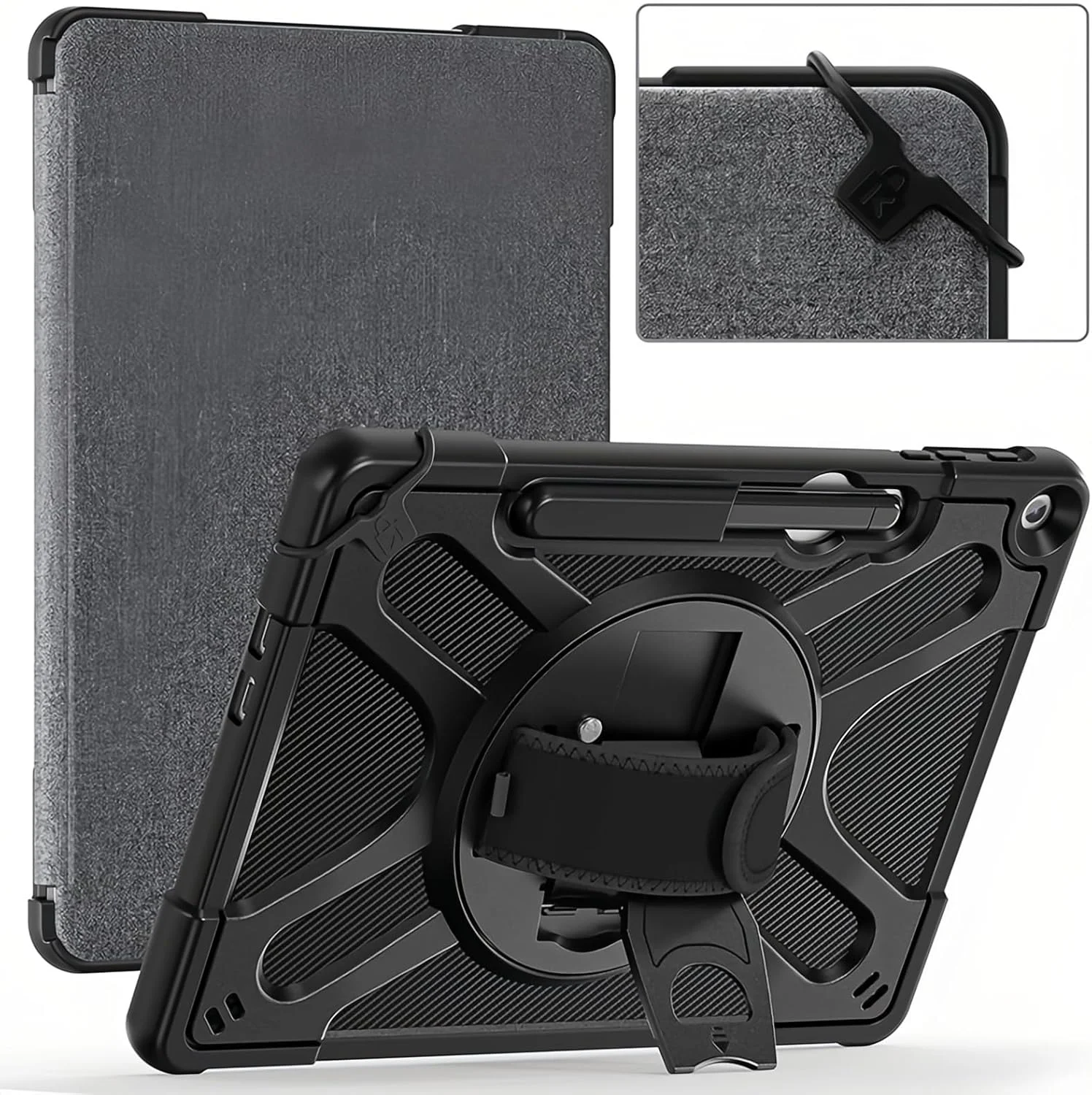 کاور مقاوم Gruattreay سازگار با Microsoft Surface Pro 12 اینچی 2025، کاور ضد ضربه کودکانه با پایه چرخان 360 درجه، بند دستی و بند شانه، سازگار با کیبورد Type Cover (مشکی)