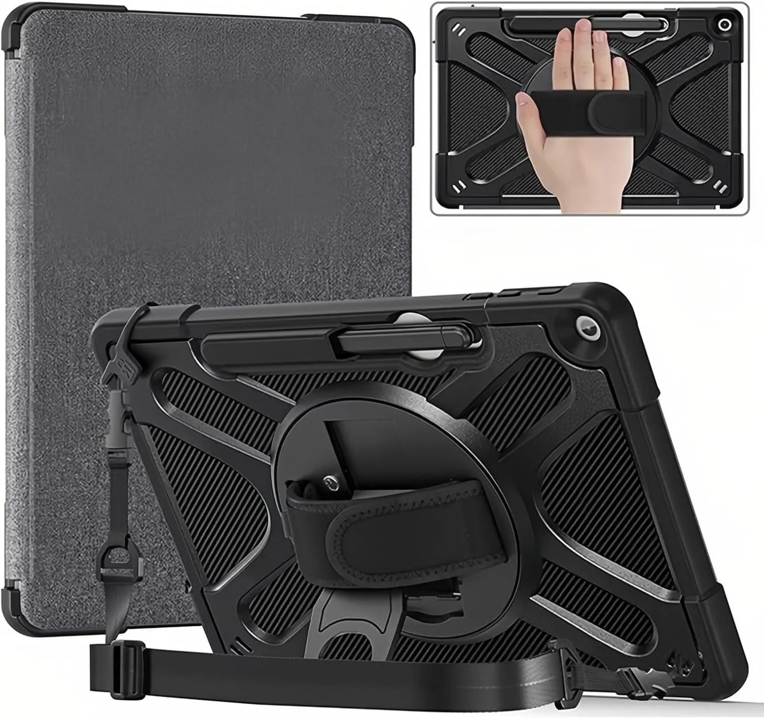 کاور مقاوم Gruattreay سازگار با Microsoft Surface Pro 12 اینچی 2025، کاور ضد ضربه کودکانه با پایه چرخان 360 درجه، بند دستی و بند شانه، سازگار با کیبورد Type Cover (مشکی)
