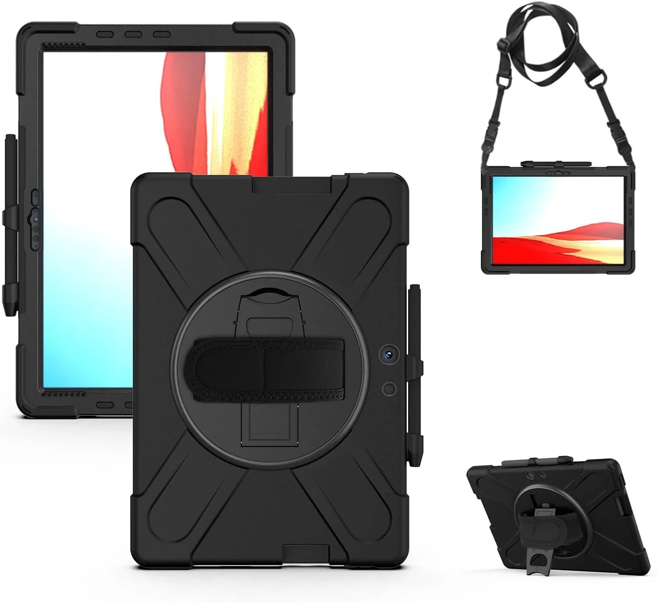 کیف محافظ تبلت سازگار با مایکروسافت Surface Pro X 13 اینچی، قاب محافظ سنگین و مقاوم در برابر ضربه با جای قلم، بند شانه ای، روکش محافظ سیلیکونی برای کودکان