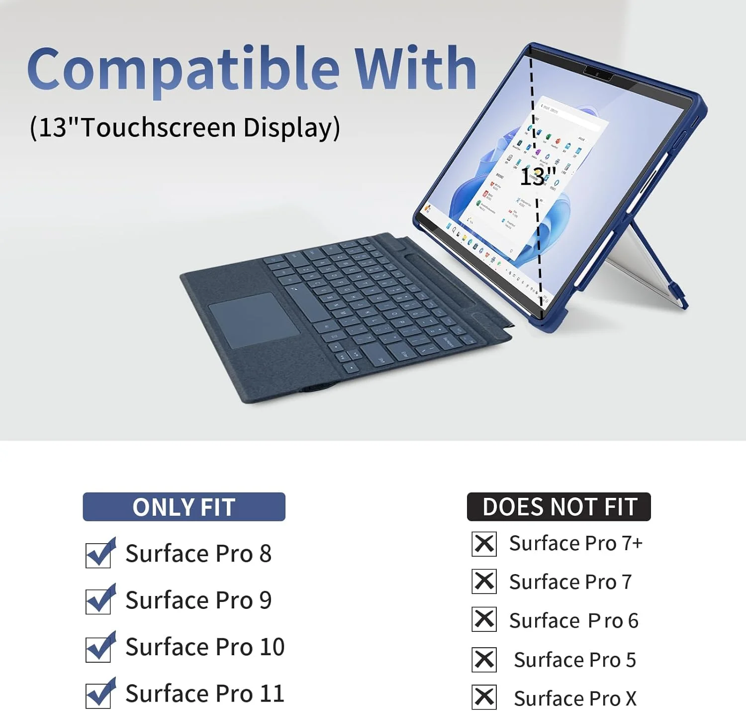 کاور مقاوم SSS·GRGB نسخه جدید مناسب برای مایکروسافت Surface Pro 11/10/9/8 13 اینچی، کاور یکپارچه و مقاوم سازگار با کیبوردهای Type Cover، شفاف و آبی تیره