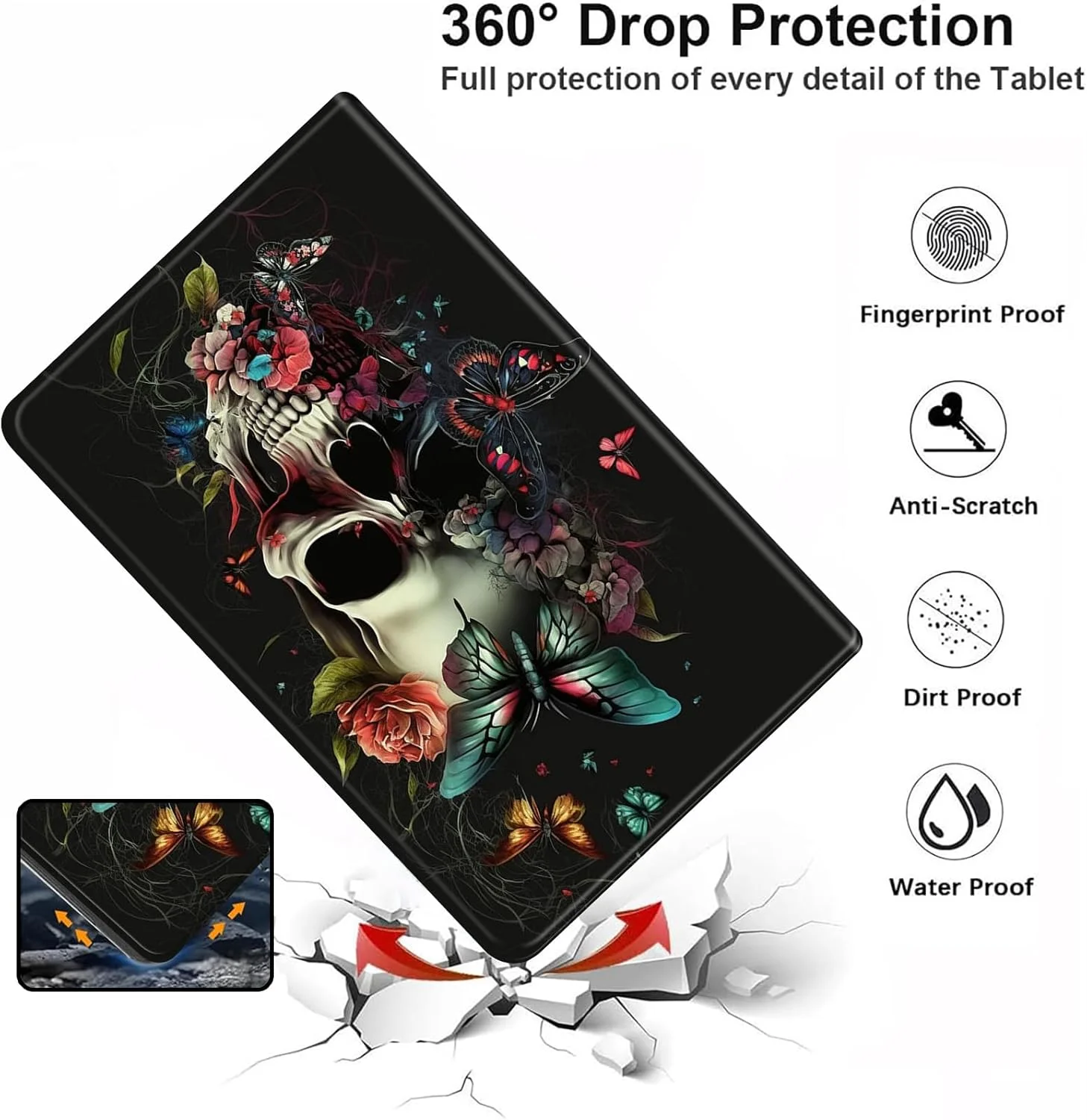 کاور محافظ چرمی هوشمند باریک مناسب سرفیس پرو 7 مایکروسافت، طرح جمجمه و پروانه، مناسب برای سرفیس پرو 7 پلاس/6/5/4 با اندازه 12.3 اینچ