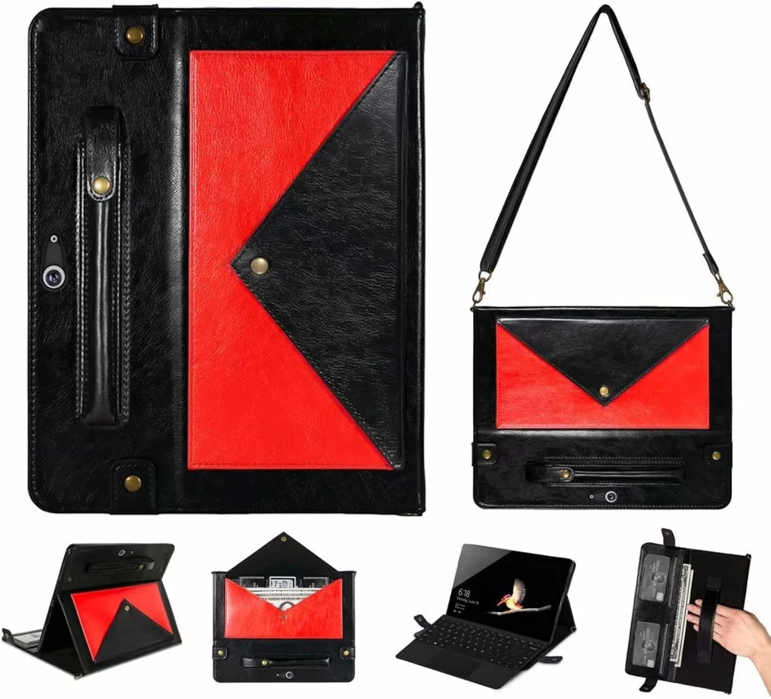 کیف گوشی QIHANG SHIHUI مناسب برای Microsoft Surface Pro 8، کیف تبلت چرمی با رنگ پاکتی (رنگ: مشکی قرمز)