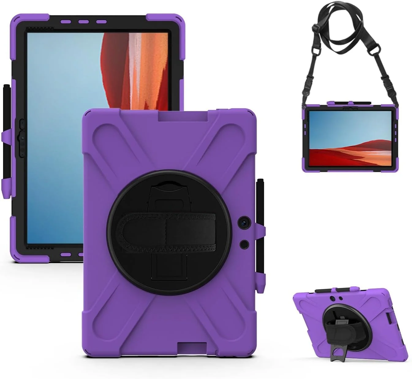 کیف تبلت سازگار با مایکروسافت سرفیس پرو ایکس 13 اینچی، قاب محافظ سنگین و مقاوم در برابر ضربه با جای قلم، کاور محافظ بند شانه ای سازگار با کاور سیلیکونی کودکانه