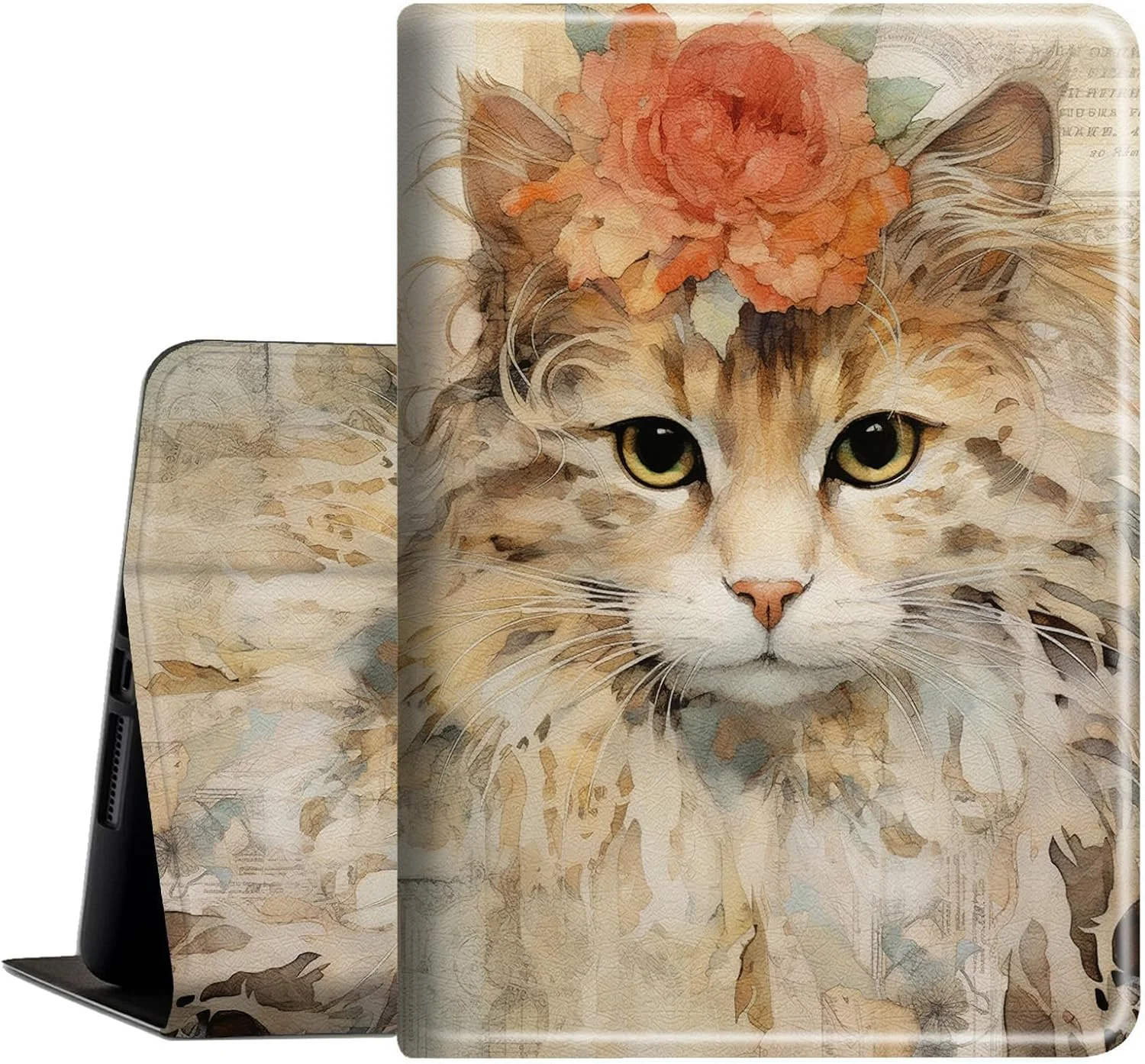 کیف BVDIKMI برای تبلت 12.3 اینچی مایکروسافت Surface Pro 7 / Pro 6 / Pro 5 / Pro 4 / Pro 3، جلد چرمی PU باریک با قابلیت خواب و بیدار شدن خودکار، طرح گربه با کلاژ روزنامه
