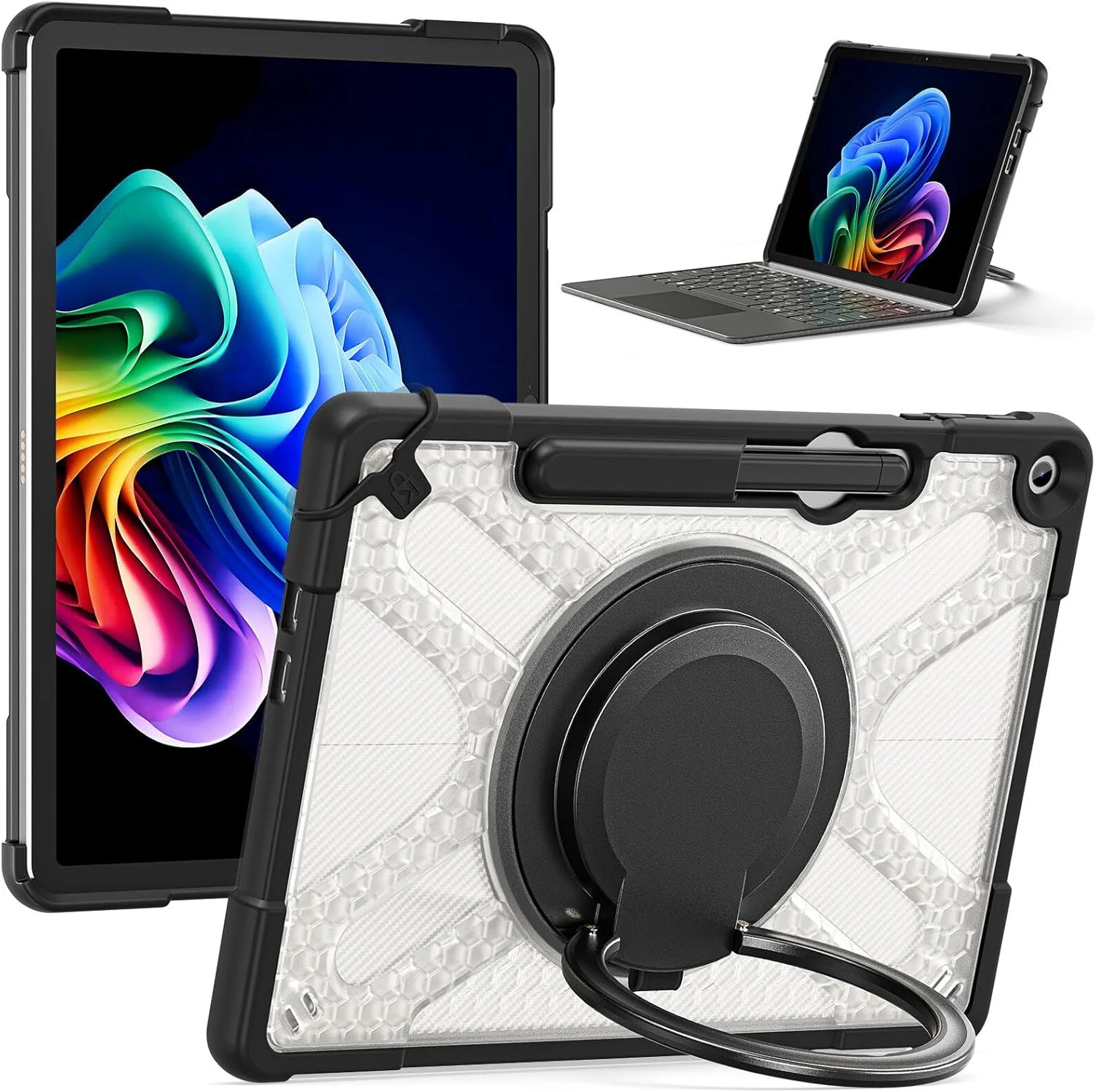 کیف محافظ Cxzaqwer برای مایکروسافت Surface Pro 12 (کیبورد شامل نمی شود)، کیف ضد ضربه با درجه نظامی به همراه محافظ صفحه نمایش، نگهدارنده دستبند سیلیکونی PC، کیف قلم و بند شانه ای شفاف