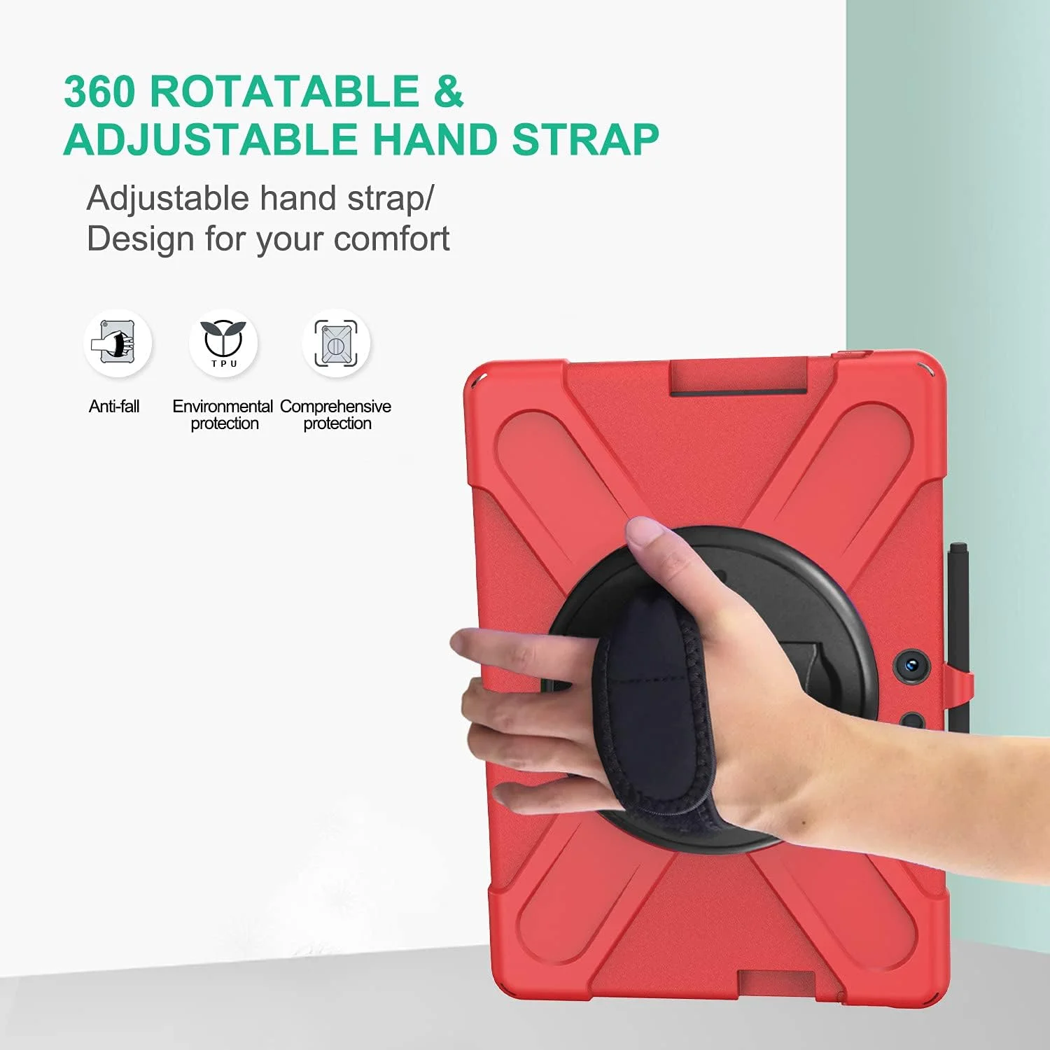 کیف محافظ برای مایکروسافت سرفیس پرو ایکس ۱۳ اینچ 2021/2020/2019، مقاوم در برابر ضربه [تست شده در سقوط از ارتفاع 15 فوت] پوشش محافظتی کامل بدنه با پایه چرخش 360 درجه، بند دستی و نگهدارنده قلم