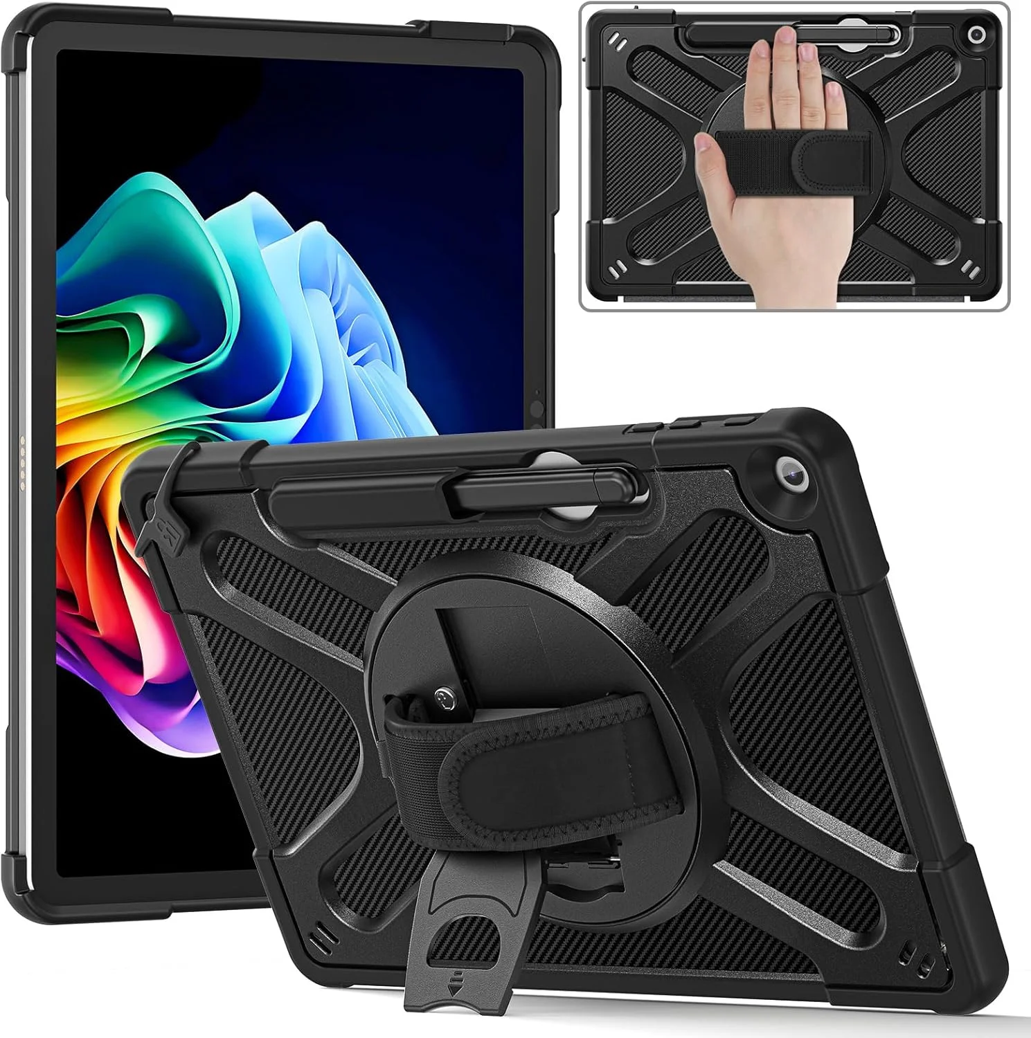 کاور ضد ضربه گرواتری مناسب برای مایکروسافت Surface Pro 12 (2025) سایز 12 اینچ، با پایه چرخان/نگهدارنده قلم/بند دستی/بند شانه (مشکی)