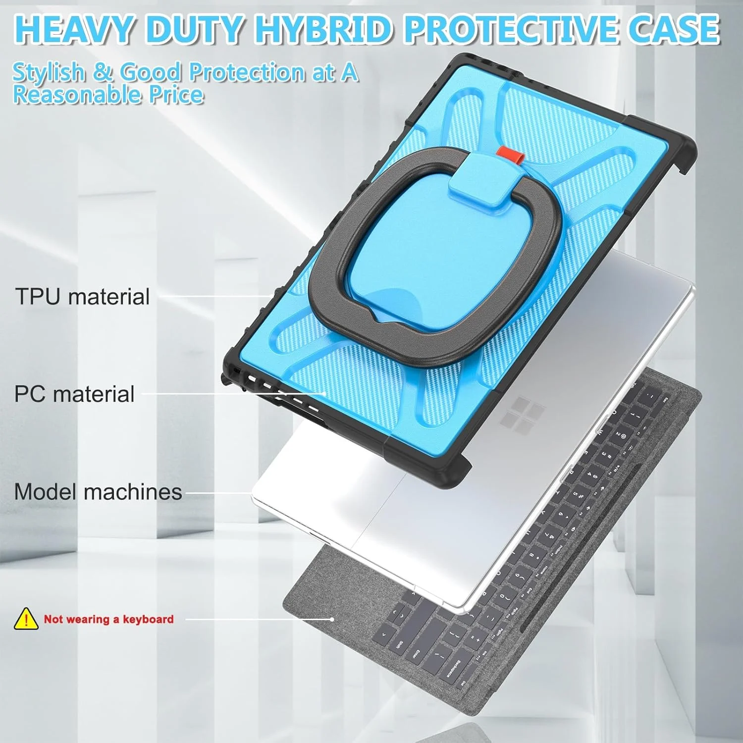کاور تبلت مقاوم در برابر ضربه سازگار با مایکروسافت Surface Pro 9/10/11 13 اینچی (2022/2024) - کاور محافظ بادوام با پایه، دسته و محافظ سپر تبلت مناسب منزل (آبی)