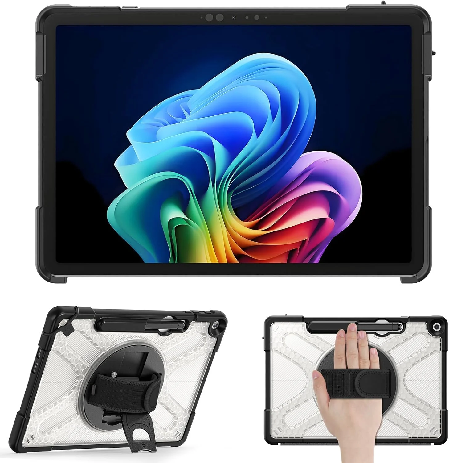 Gruattreay Rugged Case Compatible with Microsoft Surface Pro 12-inch (2025) Tablet,Shockproof Case with 360°Rotating Kickstand & Hand Strap Durable Cover For Surface Pro 12 (Black Clear)