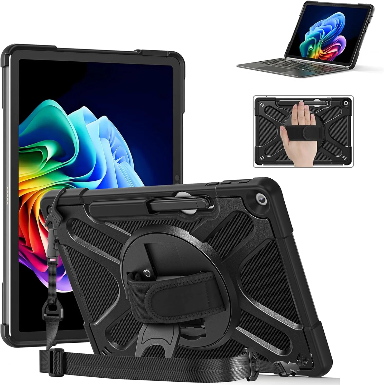 کاور جانفایر برای مایکروسافت سرفیس پرو 12 اینچ 2025، کاور با استند چرخان 360 درجه، بند مچی، بند شانه و جای قلم، سازگار با کیبورد - مشکی