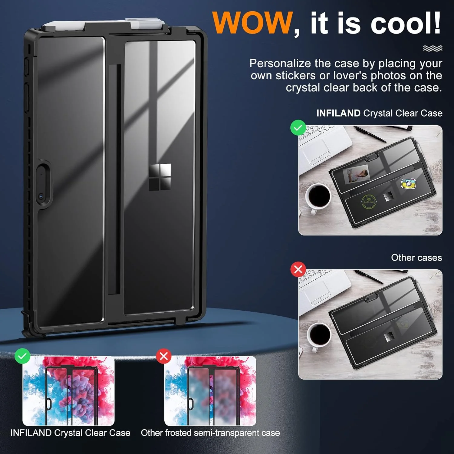 کیف محافظ تبلت INFILAND Surface Pro 7 Plus، کاور شفاف چند زاویه ای ضد ضربه سازگار با تبلت 12.3 اینچی Microsoft Surface Pro 7+/6/5/4، مشکی