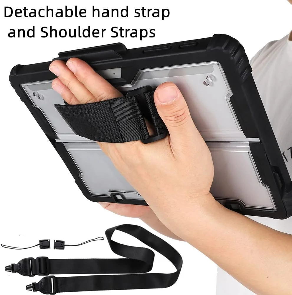 قاب محافظ شفاف AnMengXinLing برای تبلت مایکروسافت Surface Pro 8 13 اینچی 2021، کاور سخت و مقاوم با بند شانه، بند دستی و نگهدارنده قلم، سازگار با کیبورد Type Cover، (مشکی)