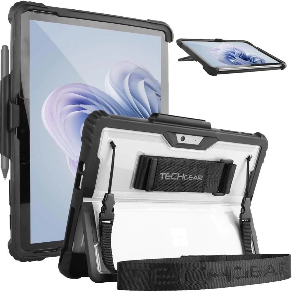 کیف محافظ TECHGEAR DuraTUFF سازگار با Microsoft Surface GO 4, Go 3, Go 2 [سازگار با کیبورد Signature] کیف محافظ مقاوم در برابر ضربه با بند دستی، بند شانه، پایه و نگهدارنده قلم