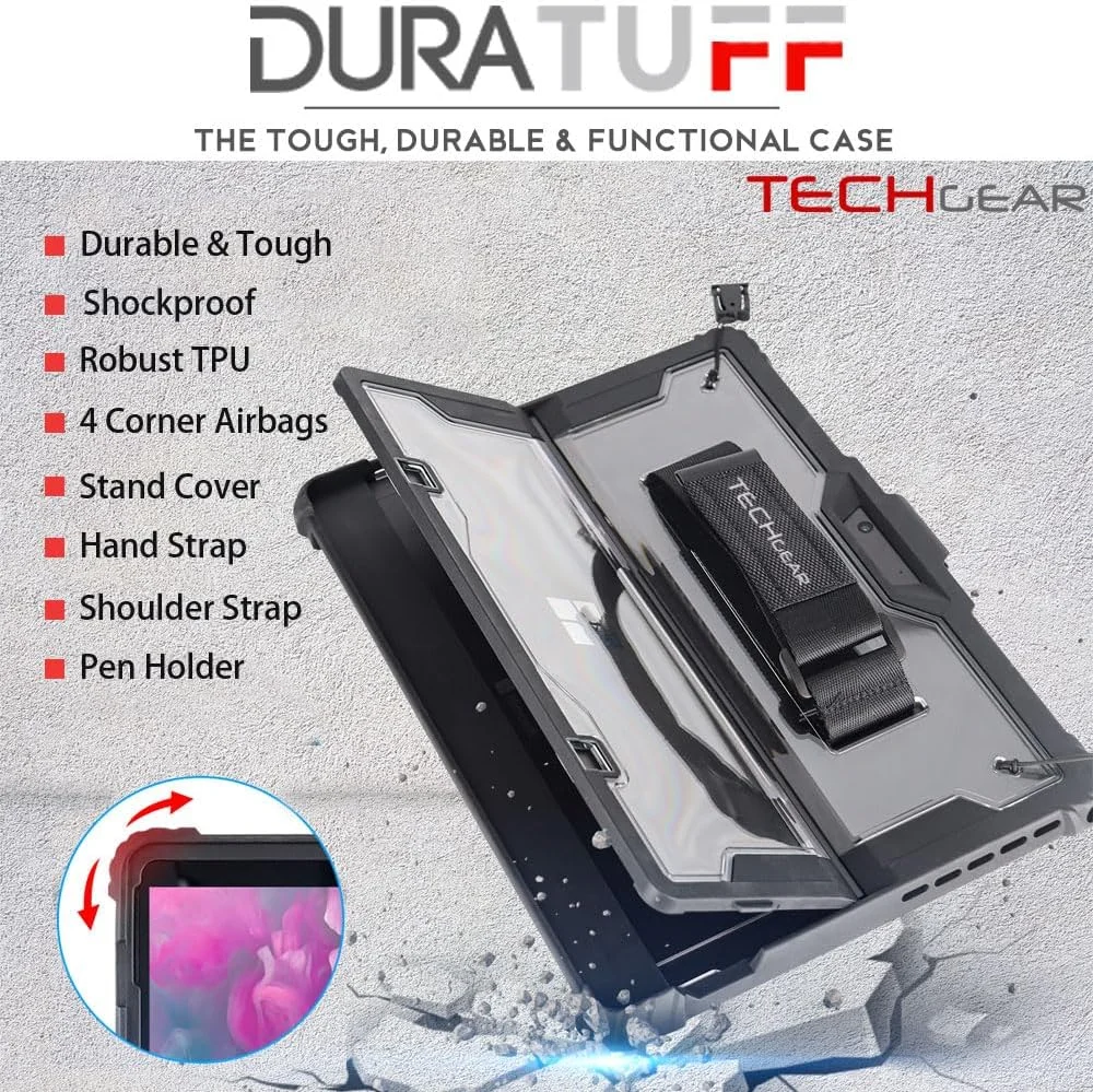 کیف محافظ TECHGEAR DuraTUFF سازگار با Microsoft Surface GO 4, Go 3, Go 2 [سازگار با کیبورد Signature] کیف محافظ مقاوم در برابر ضربه با بند دستی، بند شانه، پایه و نگهدارنده قلم