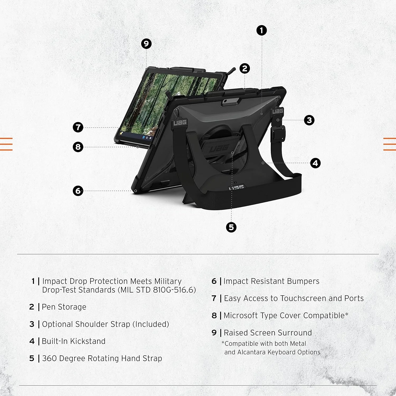 محافظ پلاسما آیس UAG طراحی شده برای مایکروسافت سرفیس پرو 9، کاور محافظتی سبک وزن و مقاوم با پایه چند زاویه ای داخلی، نگهدارنده قلم، بند دستی و بند شانه ای توسط URBAN ARMOR GEAR محافظ پلاسما آیس UAG طراحی شده برای مایکروسافت سرفیس پرو 9، کاور محافظتی سبک وزن و مقاوم با پایه چند زاویه ای داخلی، نگهدارنده قلم، بند دستی و بند شانه ای توسط URBAN ARMOR GEAR