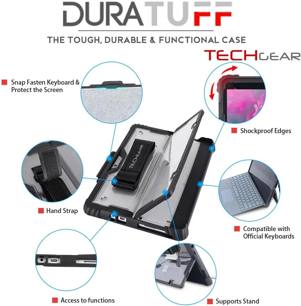 کیف محافظ TECHGEAR DuraTUFF سازگار با Microsoft Surface GO 4, Go 3, Go 2 [سازگار با کیبورد Signature] کیف محافظ مقاوم در برابر ضربه با بند دستی، بند شانه، پایه و نگهدارنده قلم