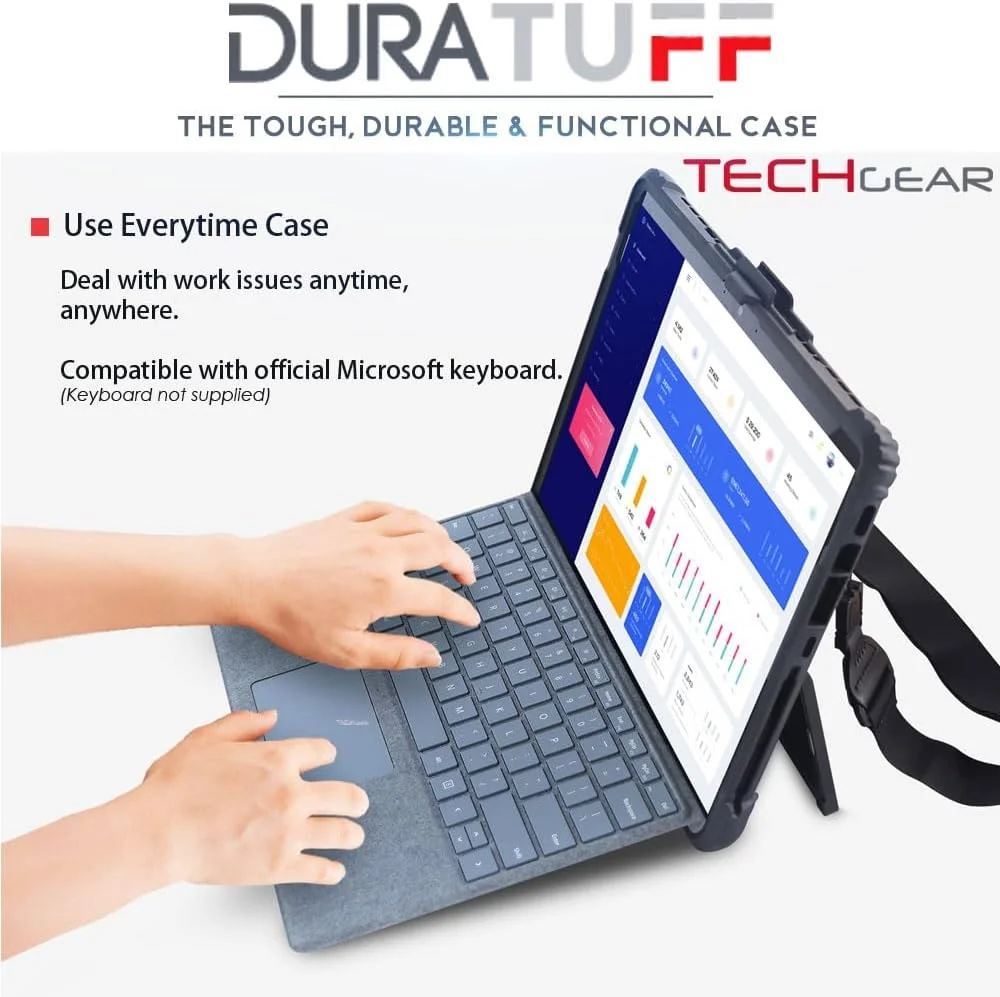 کیف محافظ TECHGEAR DuraTUFF سازگار با Microsoft Surface GO 4, Go 3, Go 2 [سازگار با کیبورد Signature] کیف محافظ مقاوم در برابر ضربه با بند دستی، بند شانه، پایه و نگهدارنده قلم
