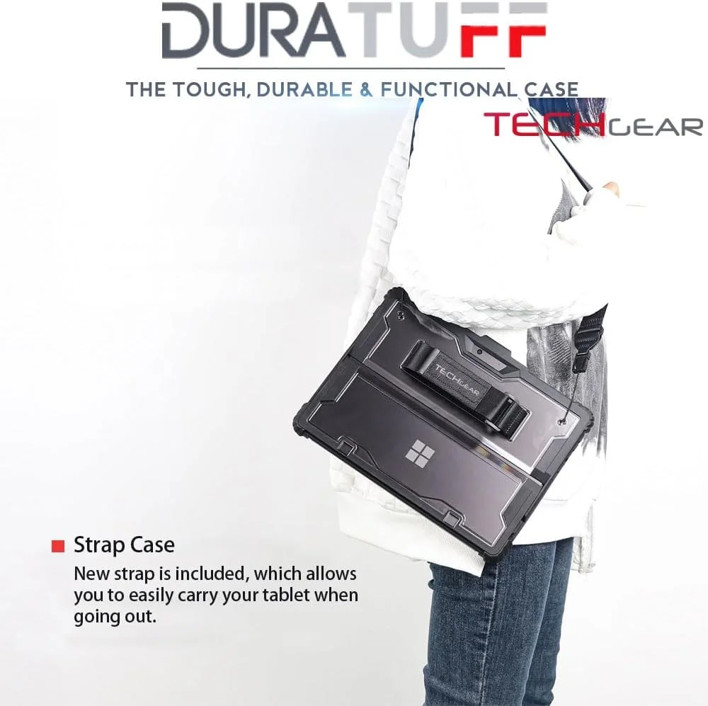کیف محافظ TECHGEAR DuraTUFF سازگار با Microsoft Surface GO 4, Go 3, Go 2 [سازگار با کیبورد Signature] کیف محافظ مقاوم در برابر ضربه با بند دستی، بند شانه، پایه و نگهدارنده قلم