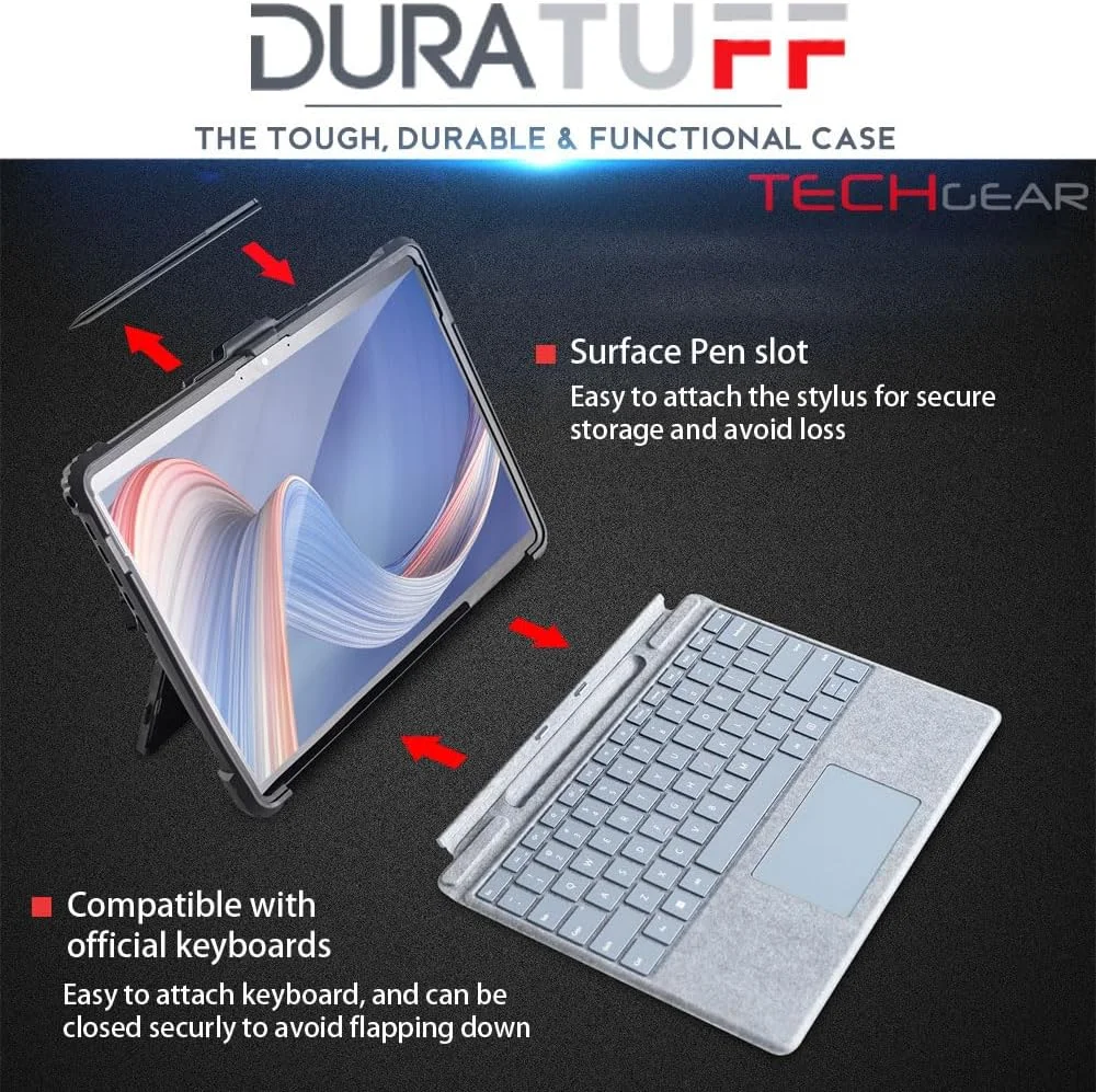 کیف محافظ TECHGEAR DuraTUFF سازگار با Microsoft Surface GO 4, Go 3, Go 2 [سازگار با کیبورد Signature] کیف محافظ مقاوم در برابر ضربه با بند دستی، بند شانه، پایه و نگهدارنده قلم