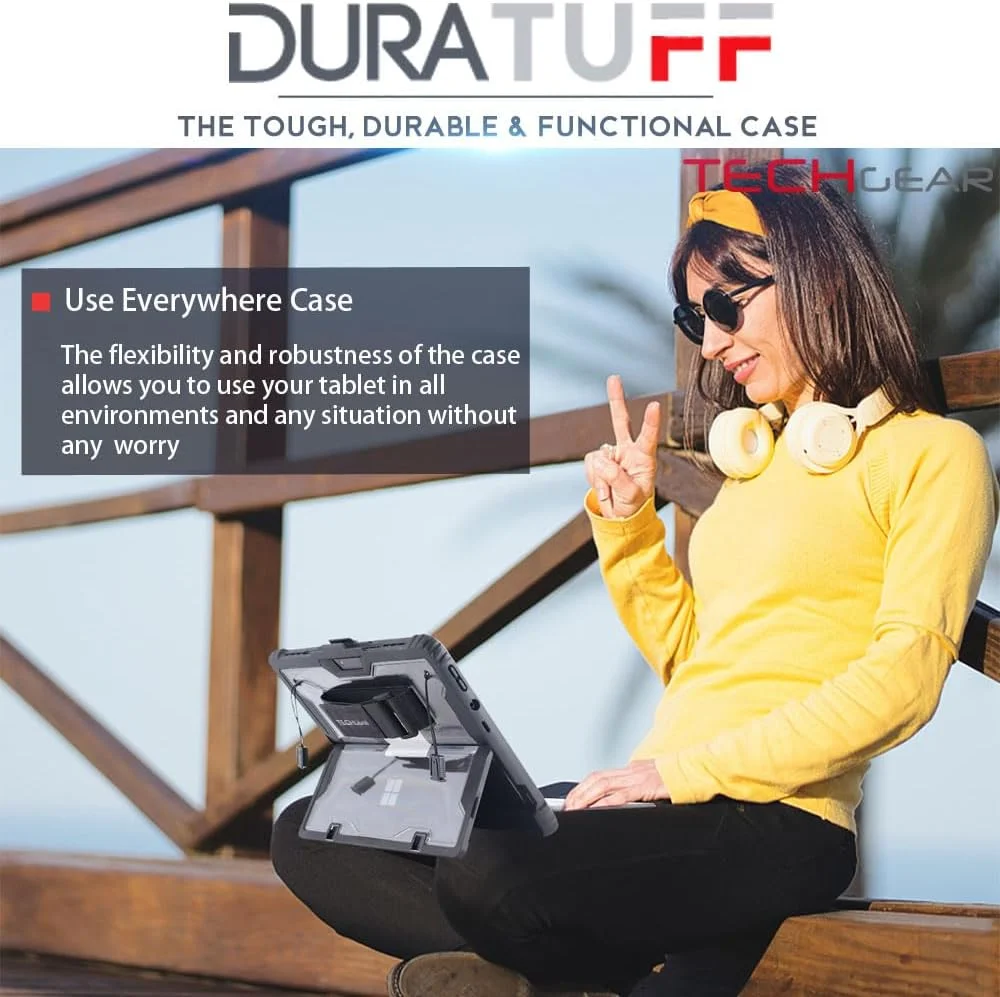 کیف محافظ TECHGEAR DuraTUFF سازگار با Microsoft Surface GO 4, Go 3, Go 2 [سازگار با کیبورد Signature] کیف محافظ مقاوم در برابر ضربه با بند دستی، بند شانه، پایه و نگهدارنده قلم